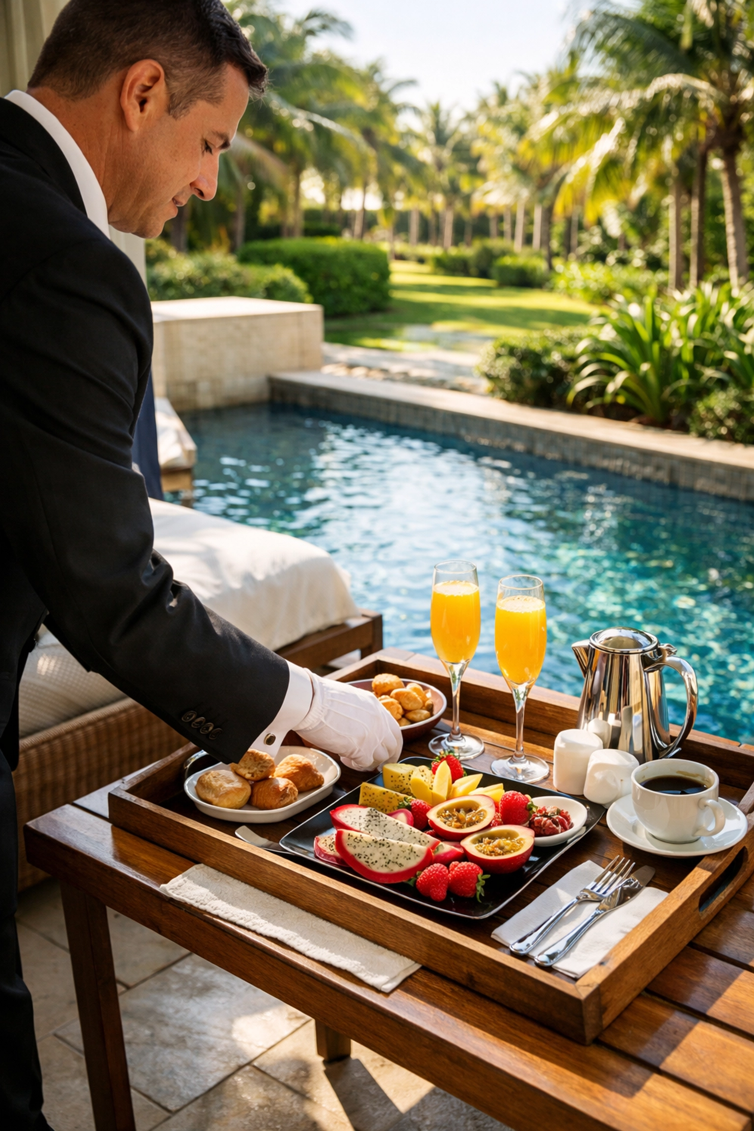 A private butler serving a gourmet breakfast on a luxury balcony at Serenade All Suites resort in Punta Cana.
