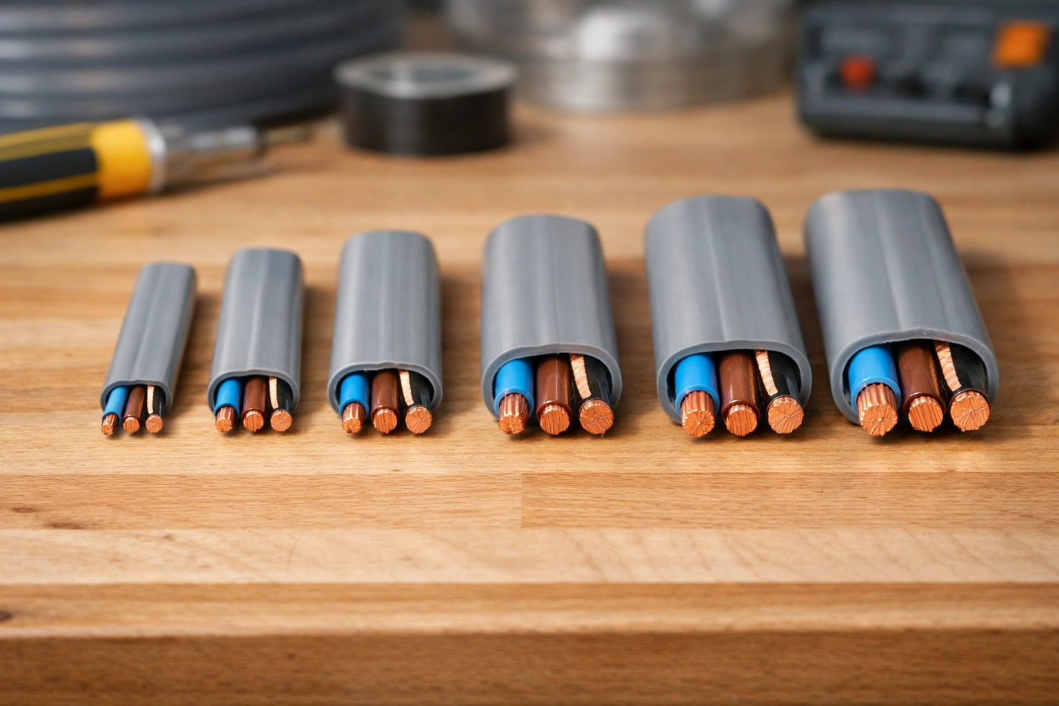 Comparison of various UK-standard grey twin and earth electrical cables showing different wire gauges.