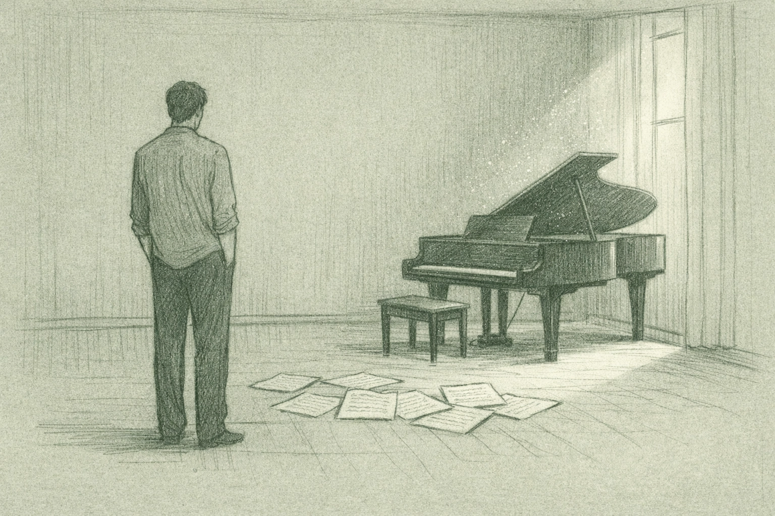 Man gazing at untouched grand piano in empty apartment - loss and silence in literary MM romance