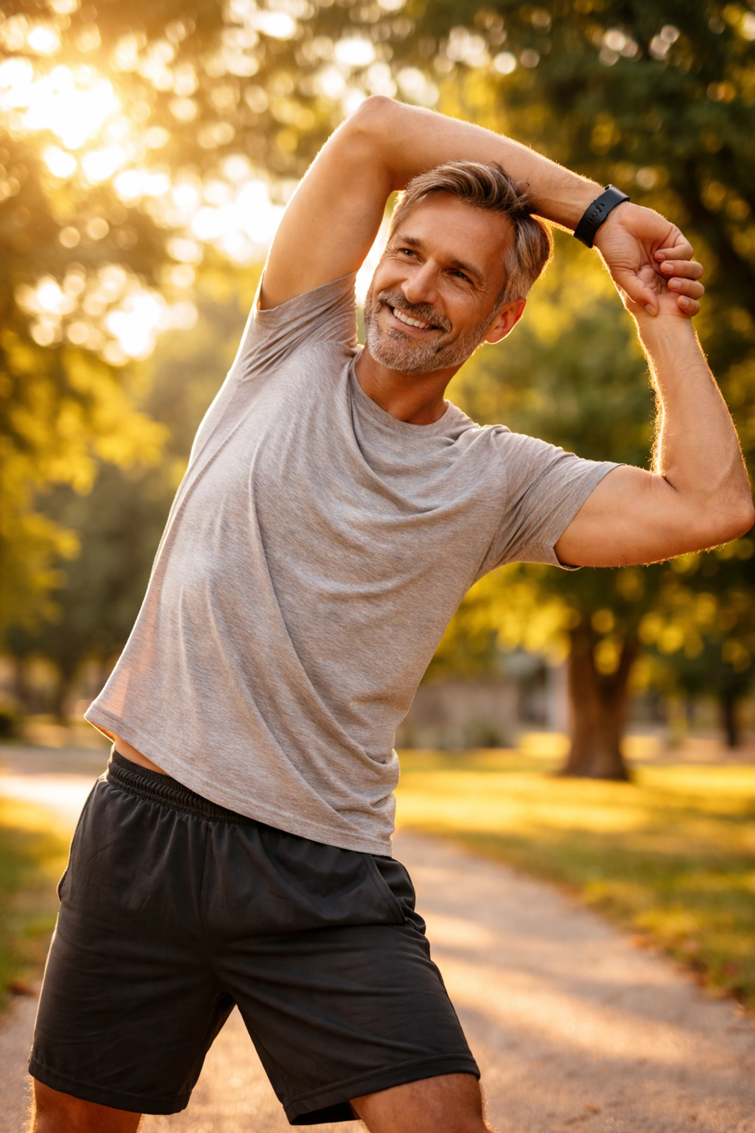 Active man stretches outdoors at sunrise, showcasing vitality from balanced testosterone levels.