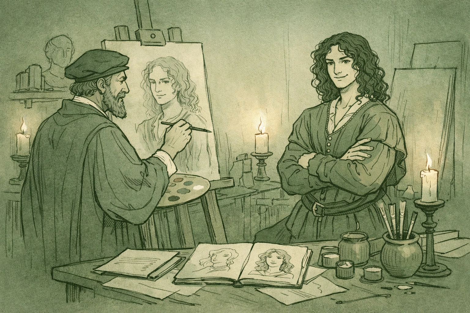 Leonardo da Vinci painting his muse Salai in Renaissance workshop