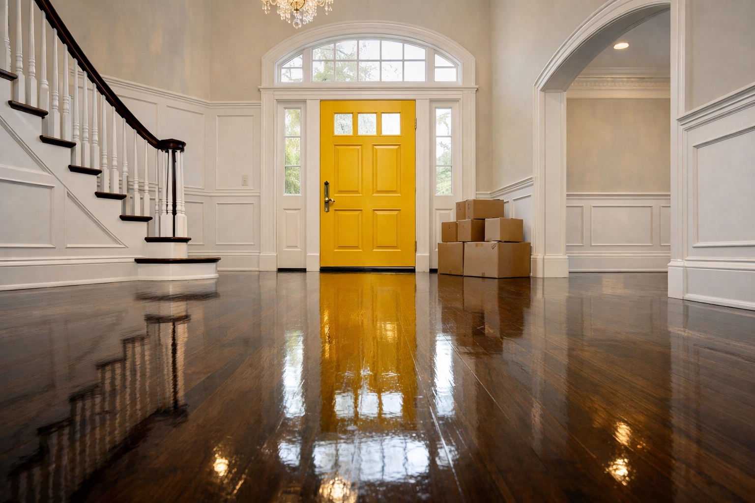 Polished foyer floors in a luxury estate after a move-in service by professional cleaners Groton MA.