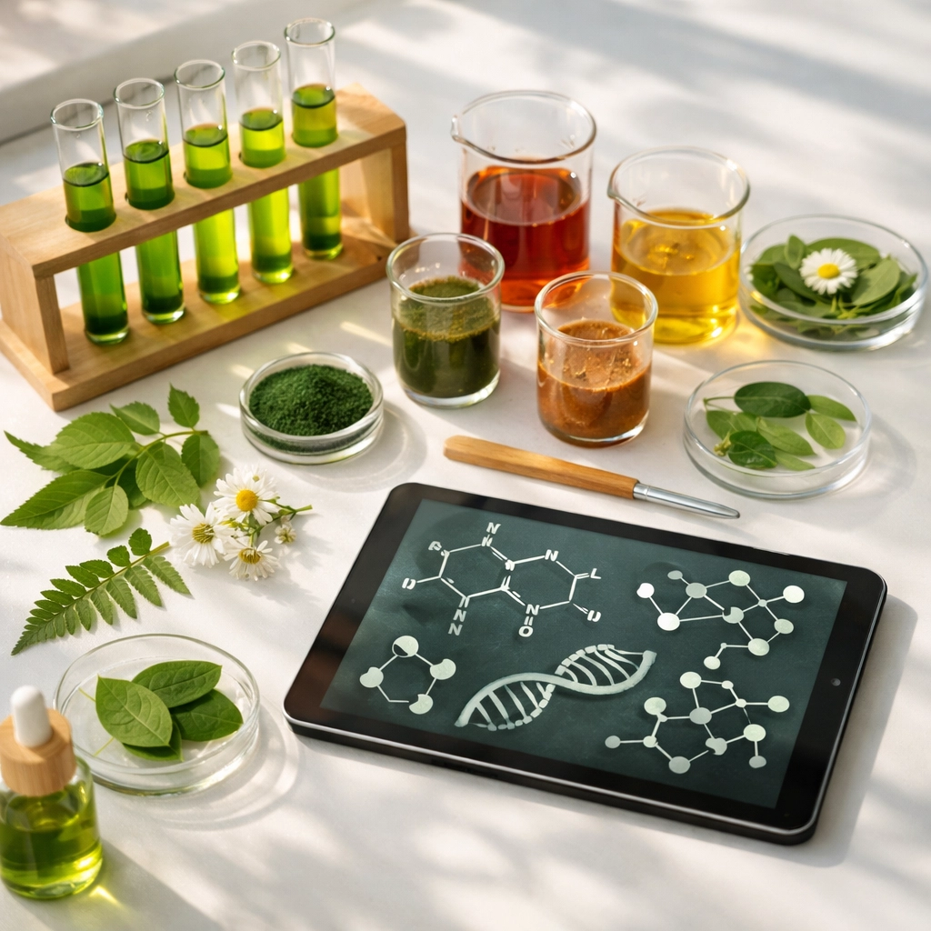 Sustainable chemistry laboratory with plant-based solutions and botanical samples for green chemistry