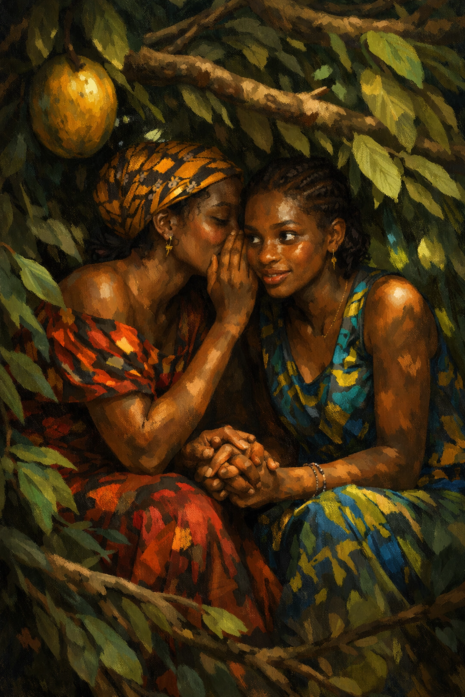 Two women in vibrant prints share a secret moment under an Udala tree, representing heartfelt queer African fiction.