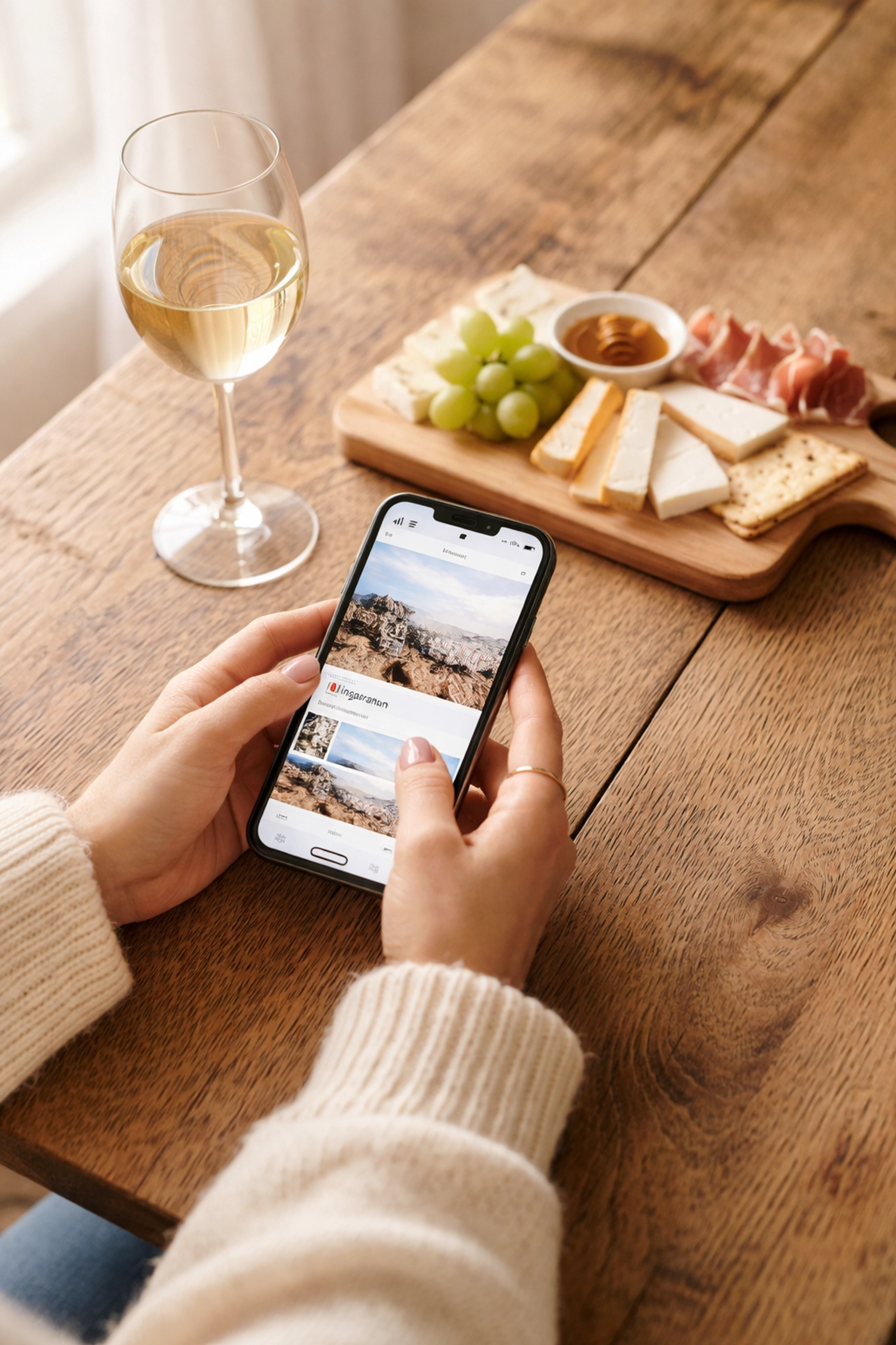 Hands holding a smartphone open to a social feed, with wine and cheese nearby, showing social connection for K Cellars updates.