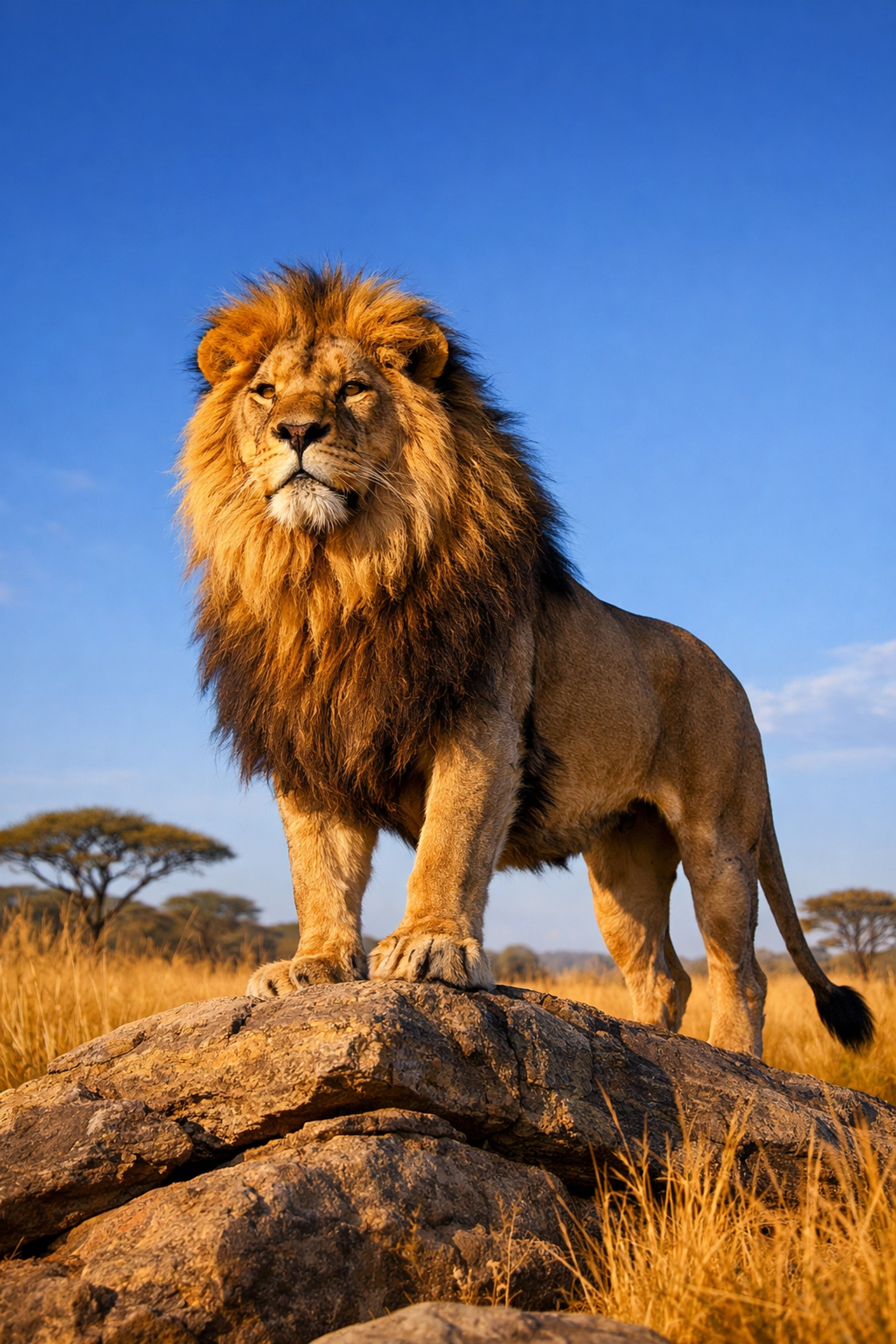 Majestic male lion on a rock in a naturalistic zoo enclosure, perfect for a species spotlight.