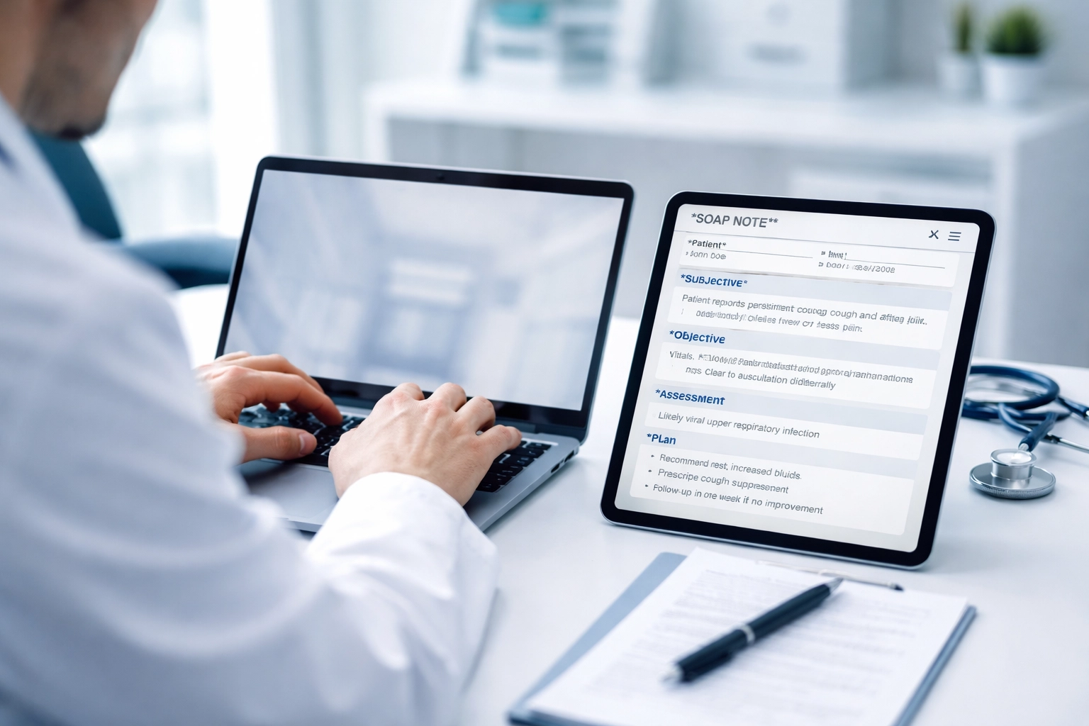 Clinician typing SOAP notes on a laptop in a modern medical office, demonstrating precise and professional clinical documentation.