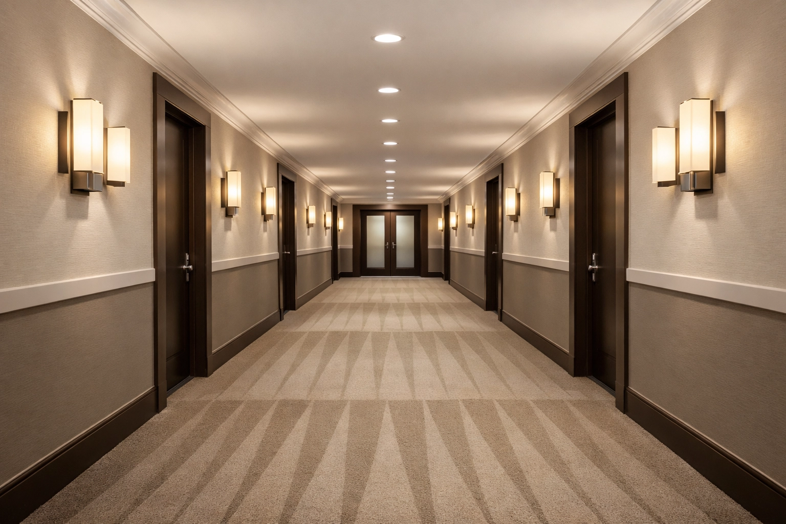 Clean luxury multifamily hallway in Indianapolis with professionally groomed carpets and warm lighting.