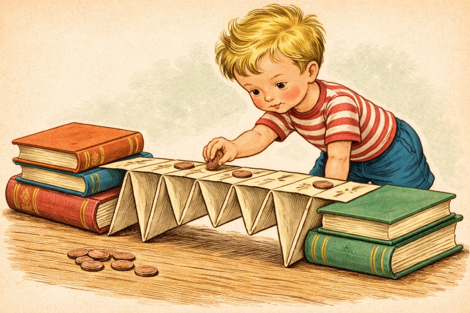 Child placing pennies on a sturdy paper bridge of folded and triangular designs during a fun strength test experiment