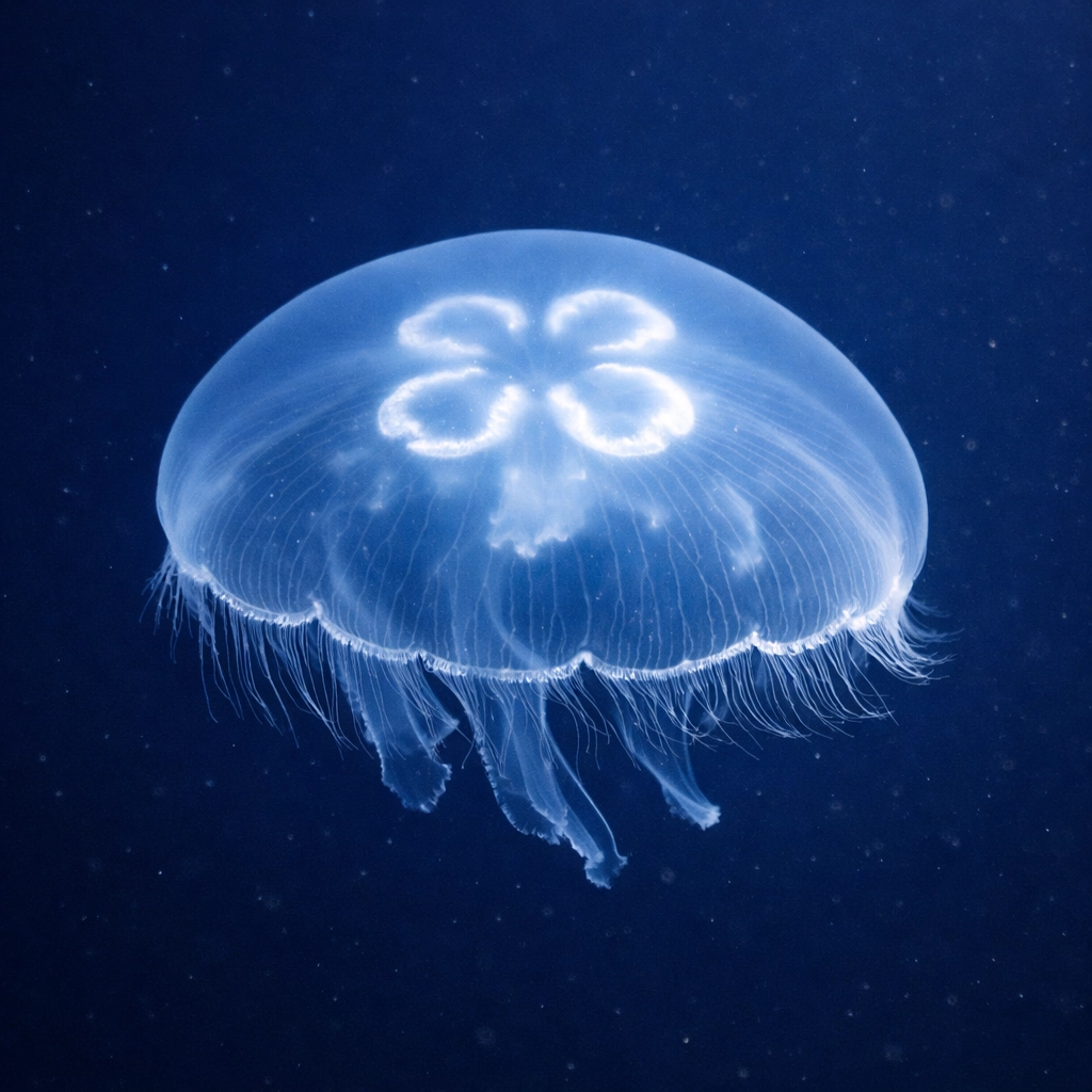 Close-up of a Moon Jellyfish highlighting the clarity of a species spotlight for aquarium marketing.