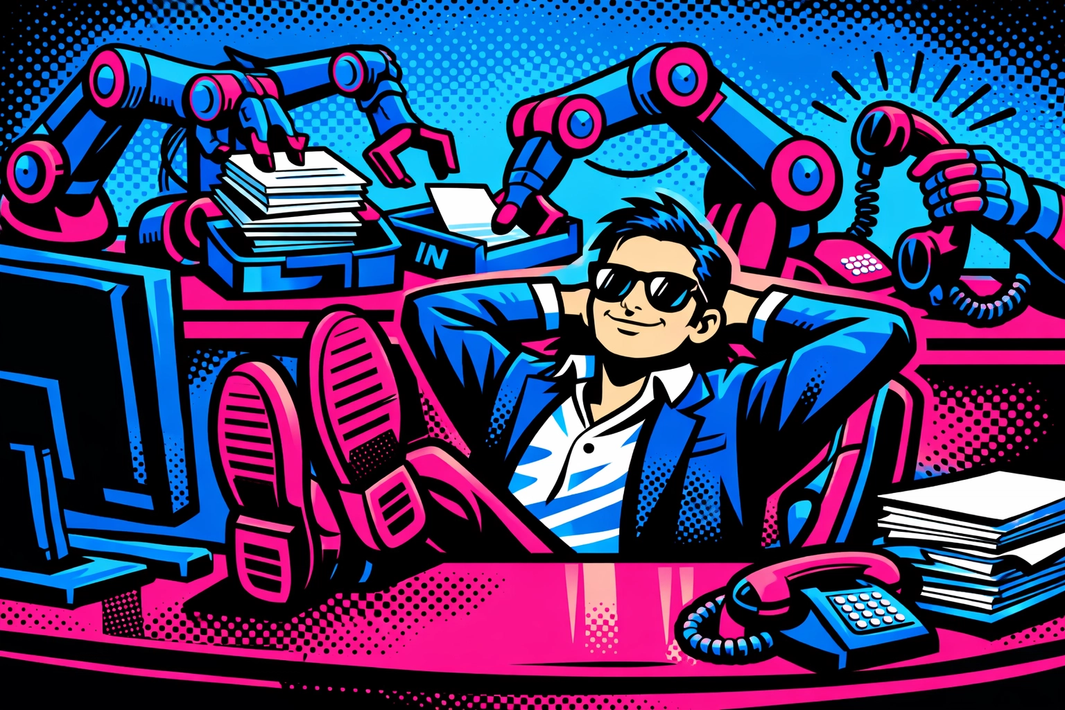 Satisfied business owner relaxing while AI business automation handles administrative tasks.