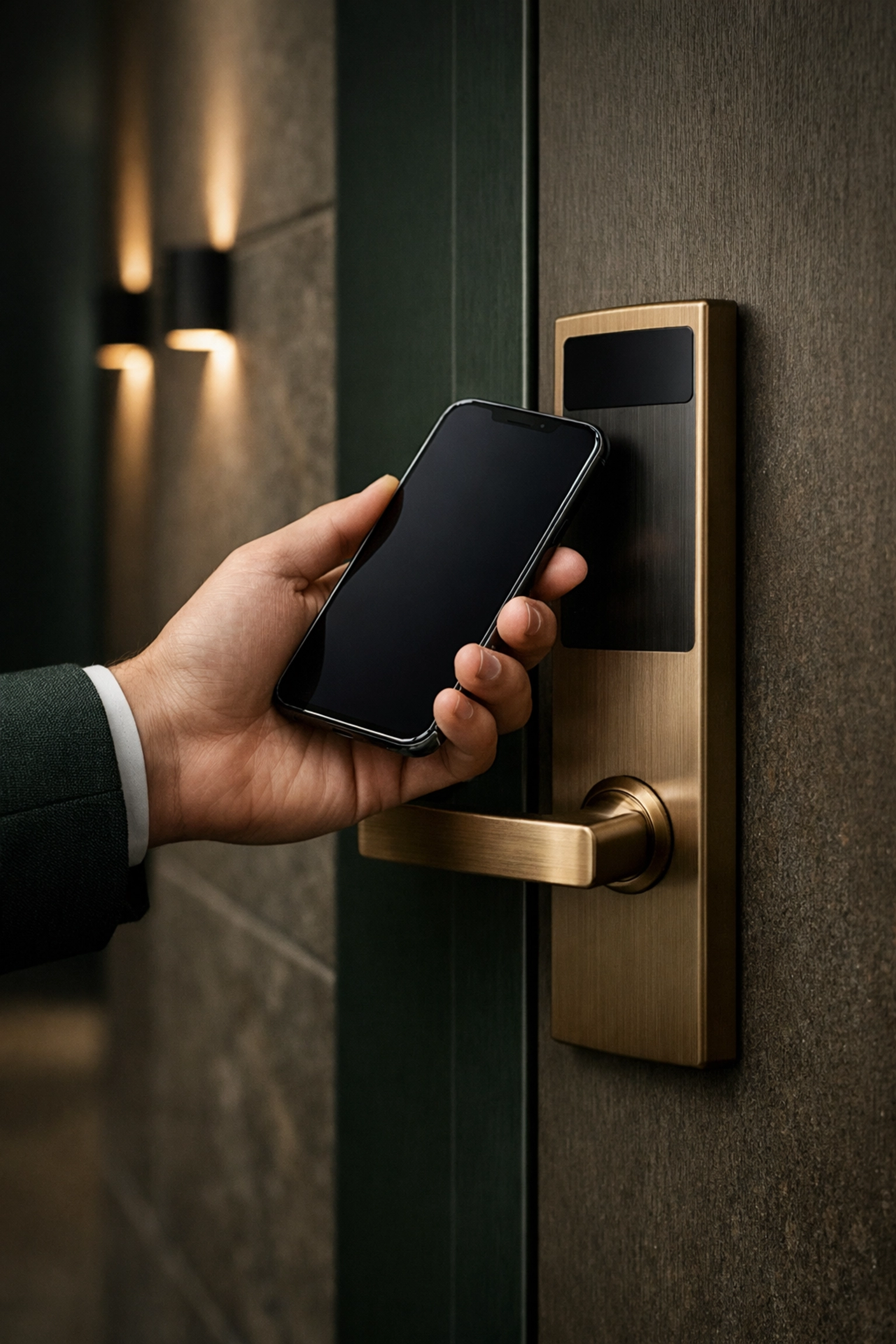 Guest using a mobile check-in app and digital key to unlock a hotel room door via a smartphone.
