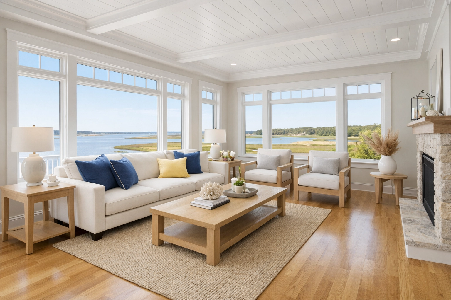 Clean coastal living room in West Barnstable, MA showcasing professional weekly house cleaning results.
