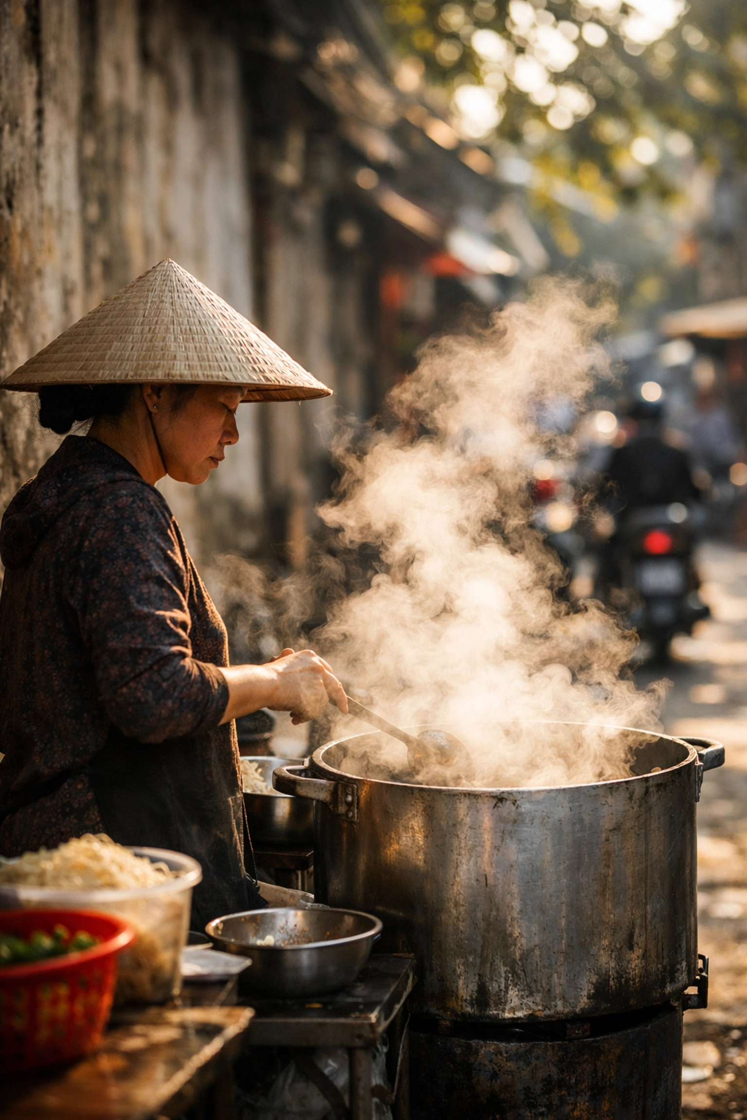 The Budget Traveler's Guide to Finding the Best Cheap Eats in Hanoi 3 Street food vendor in a conical hat preparing meals at a top photography location in Hanoi.