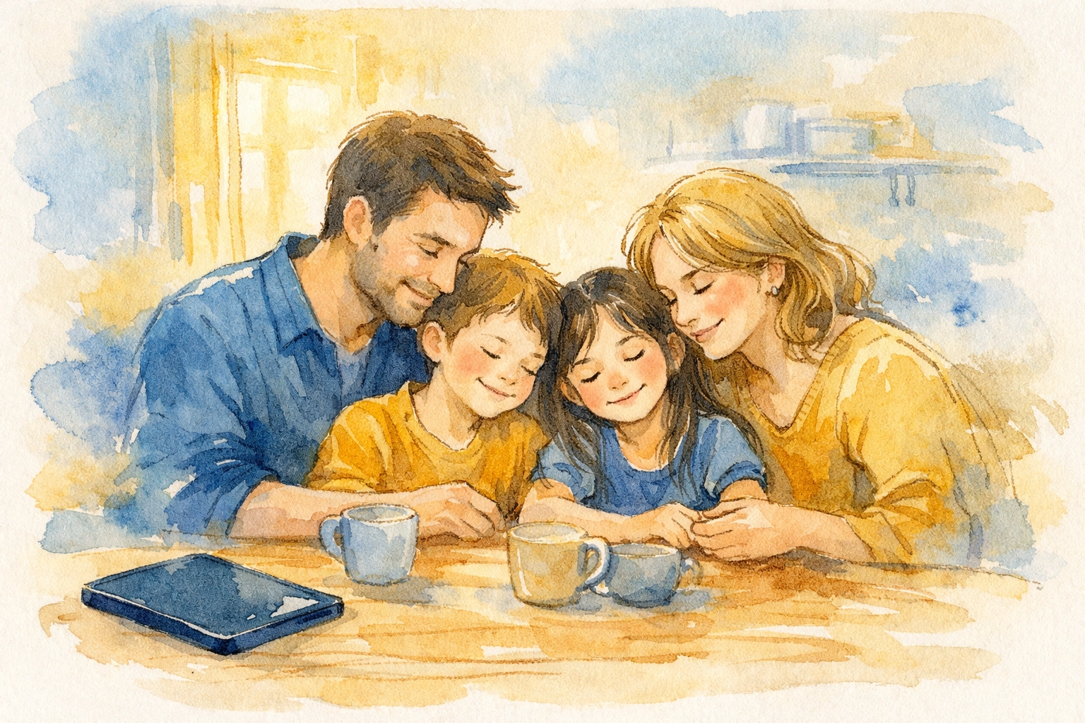 Christian family sharing a device-free moment together, practicing healthy digital boundaries