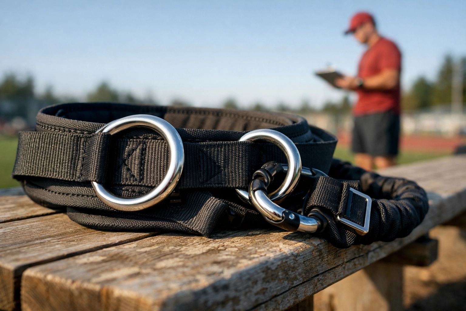 Close-up of a professional speed training harness with heavy-duty straps and rings on a sideline bench.