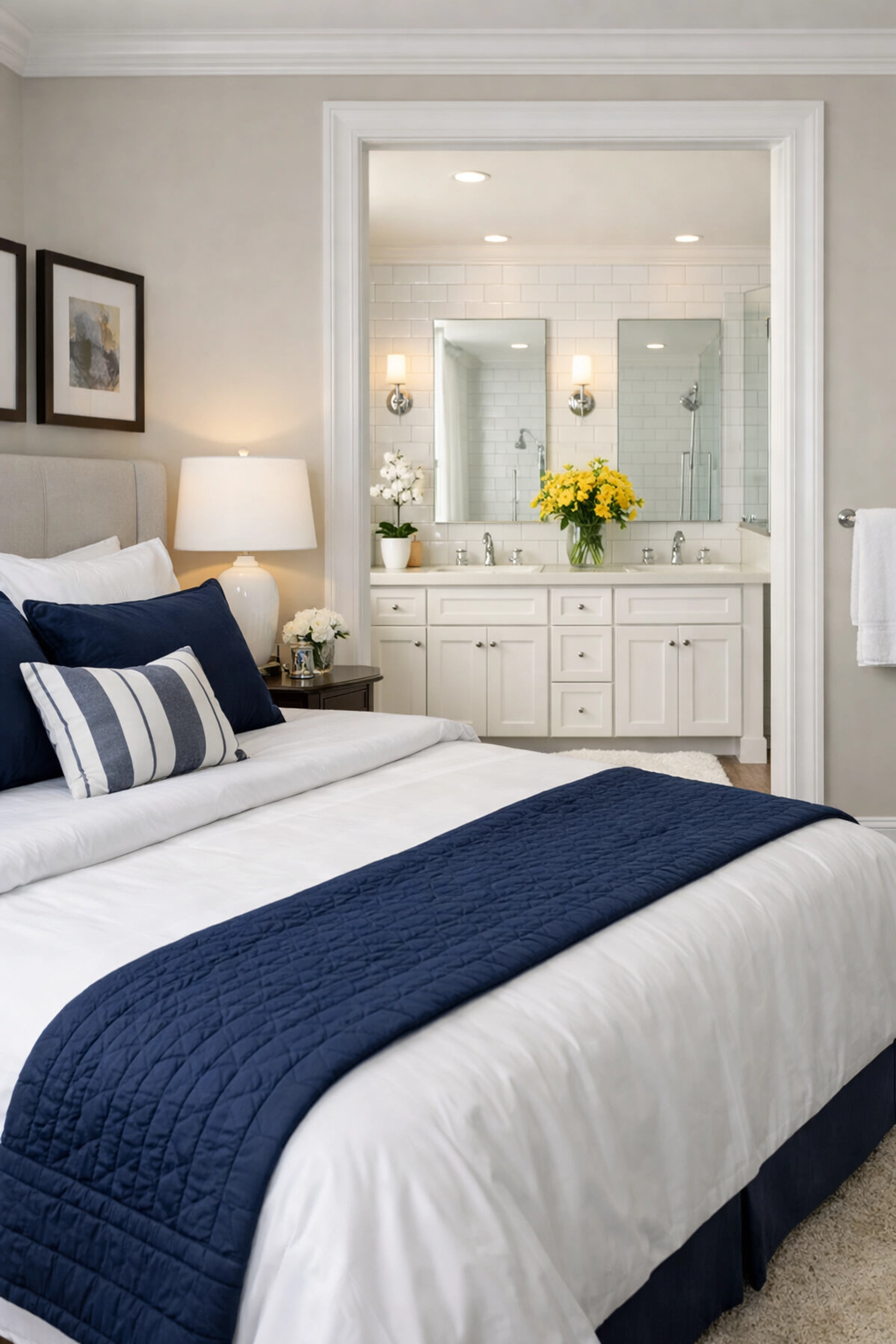 Airy master suite and spotless bathroom showing results of a recurring Worcester house cleaning service.