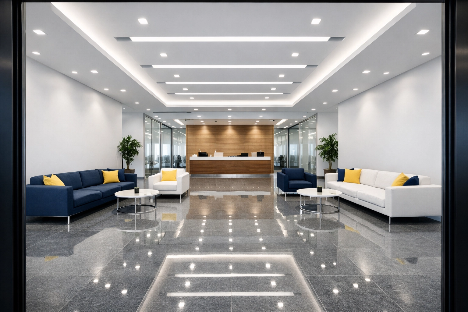 Post-construction office cleaning Franklin provides a dust-free lobby with gleaming polished stone floors.