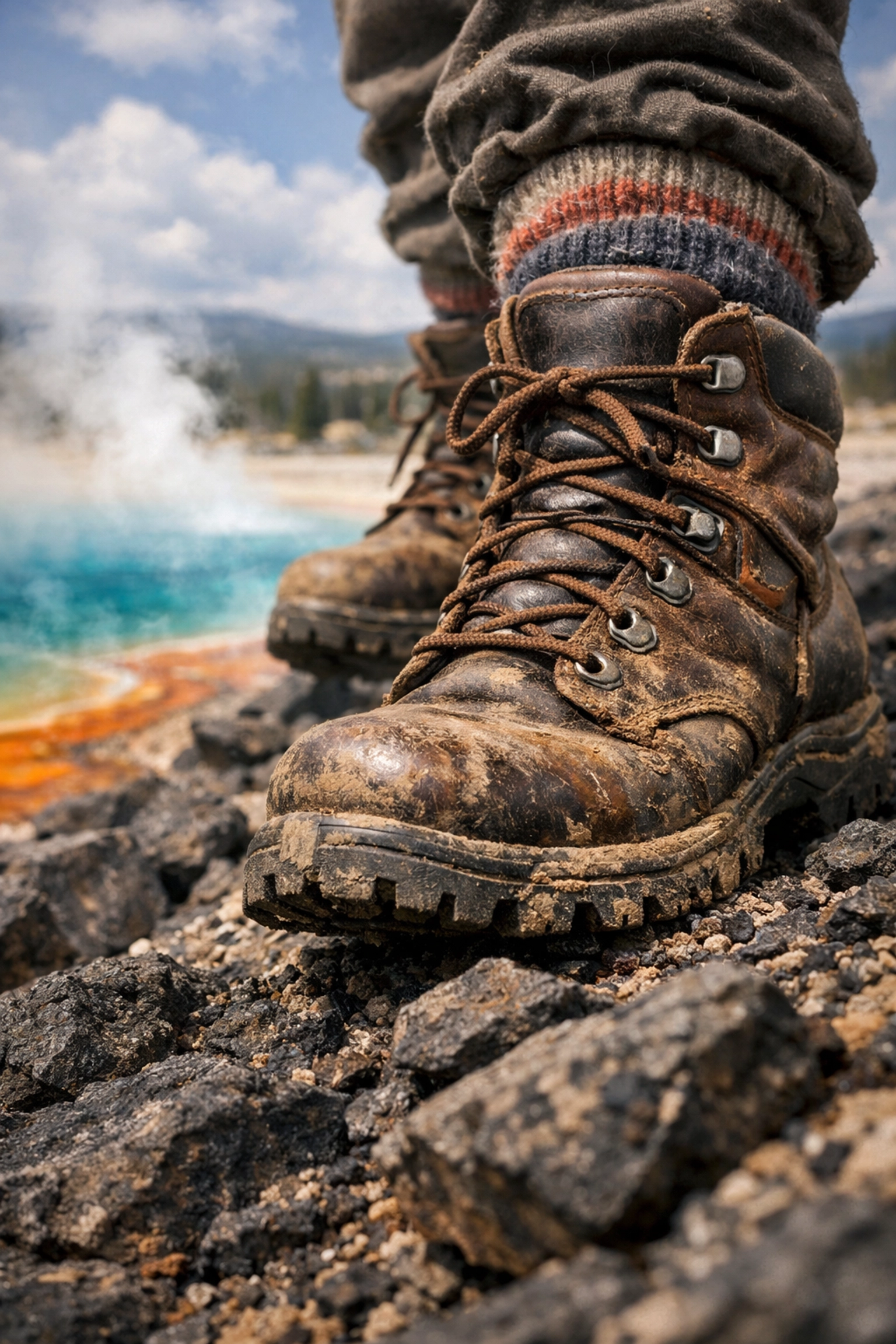 Durable hiking boots on a volcanic trail for Yellowstone geology trips for students.