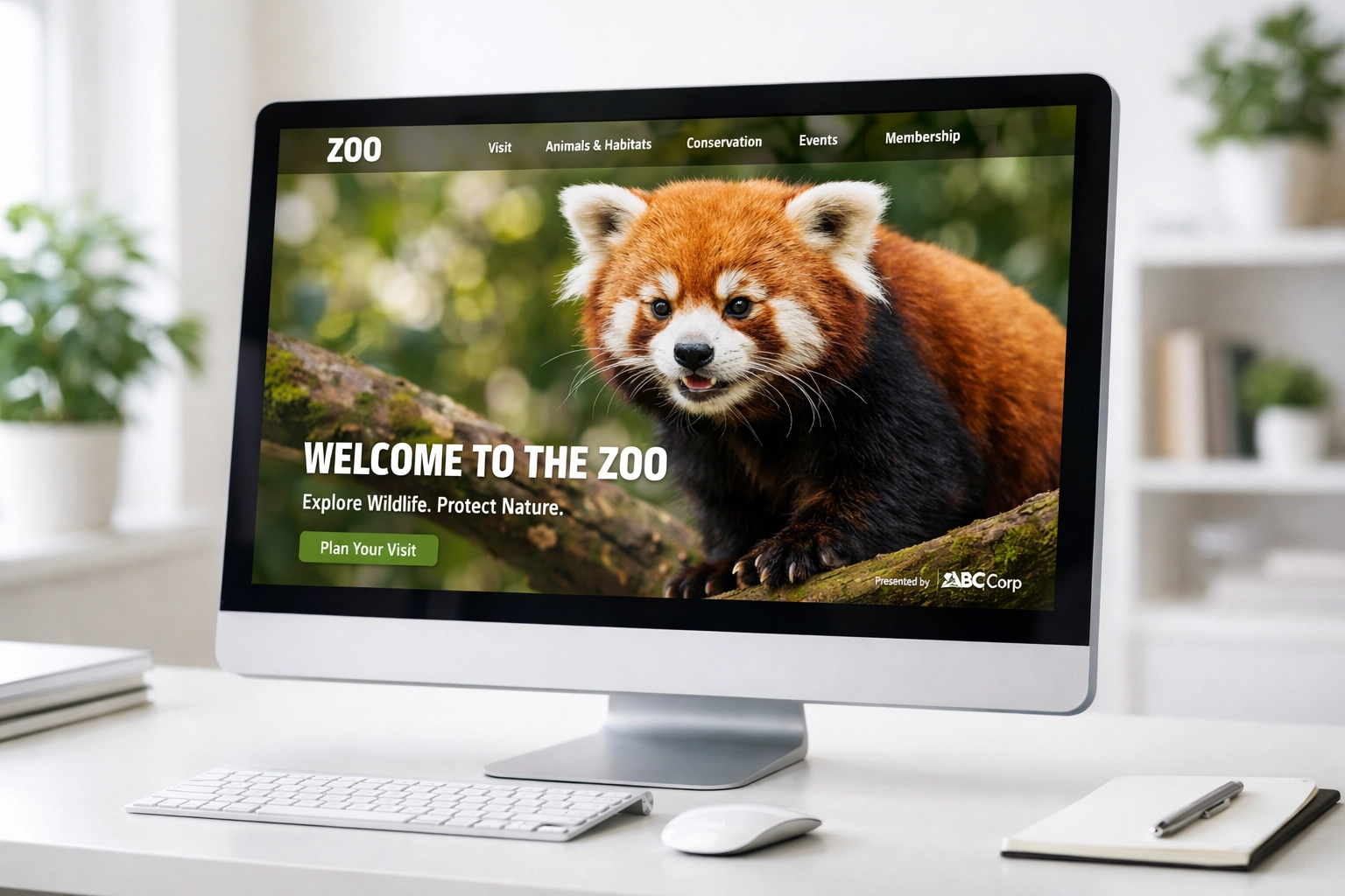 Zoo website displaying sponsored red panda page with Presented By branding on office monitor