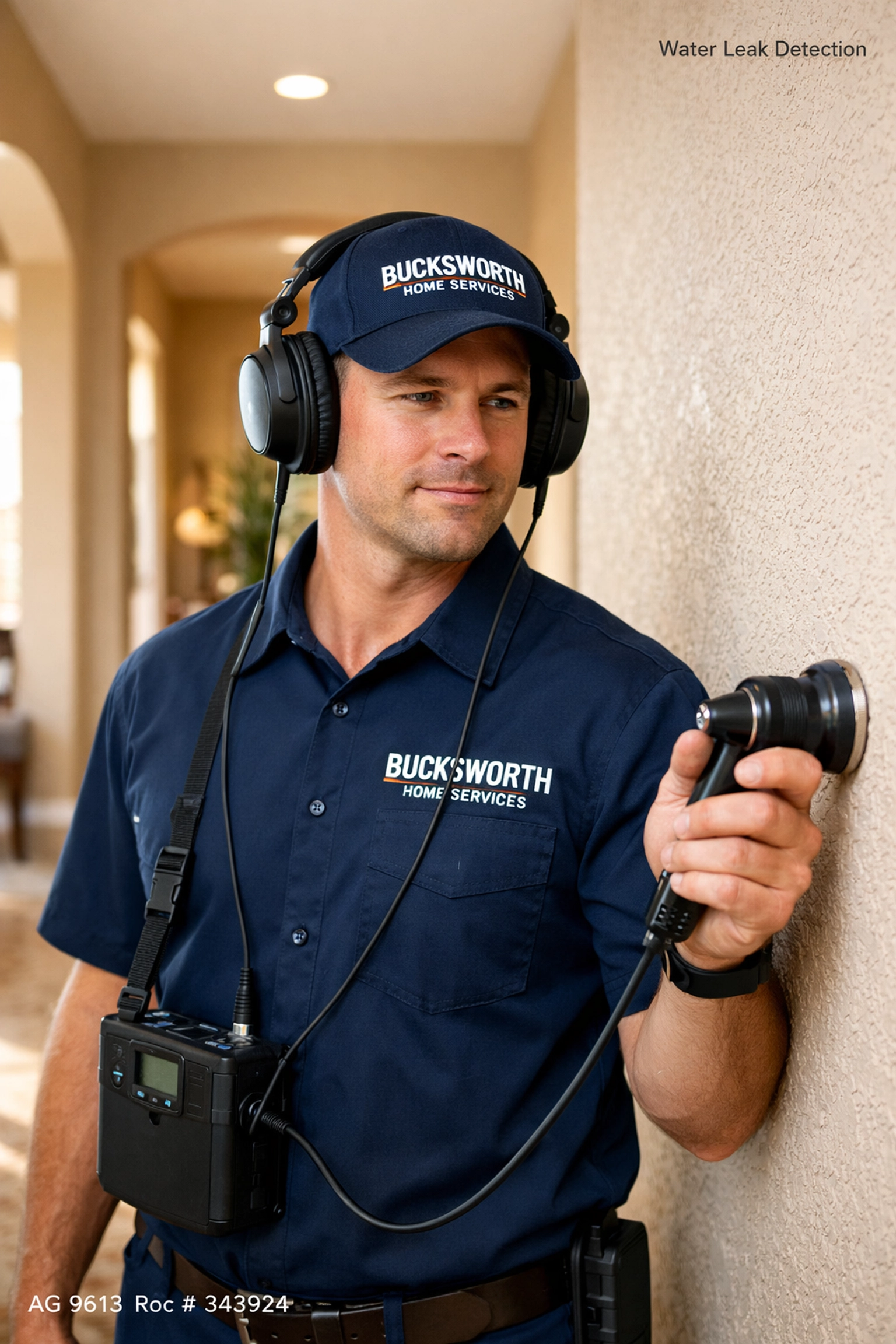 A Bucksworth Home Services technician uses advanced acoustic equipment for water leak detection in Buckeye, AZ.