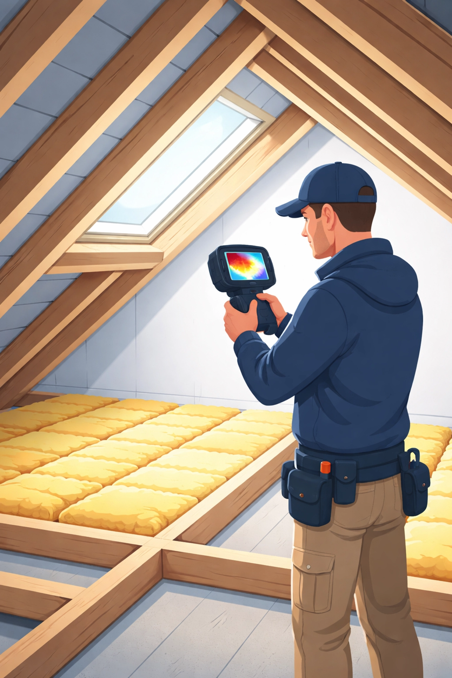 Professional insulation surveyor using a thermal device in a UK loft, emphasizing thorough inspection for cold loft solutions.