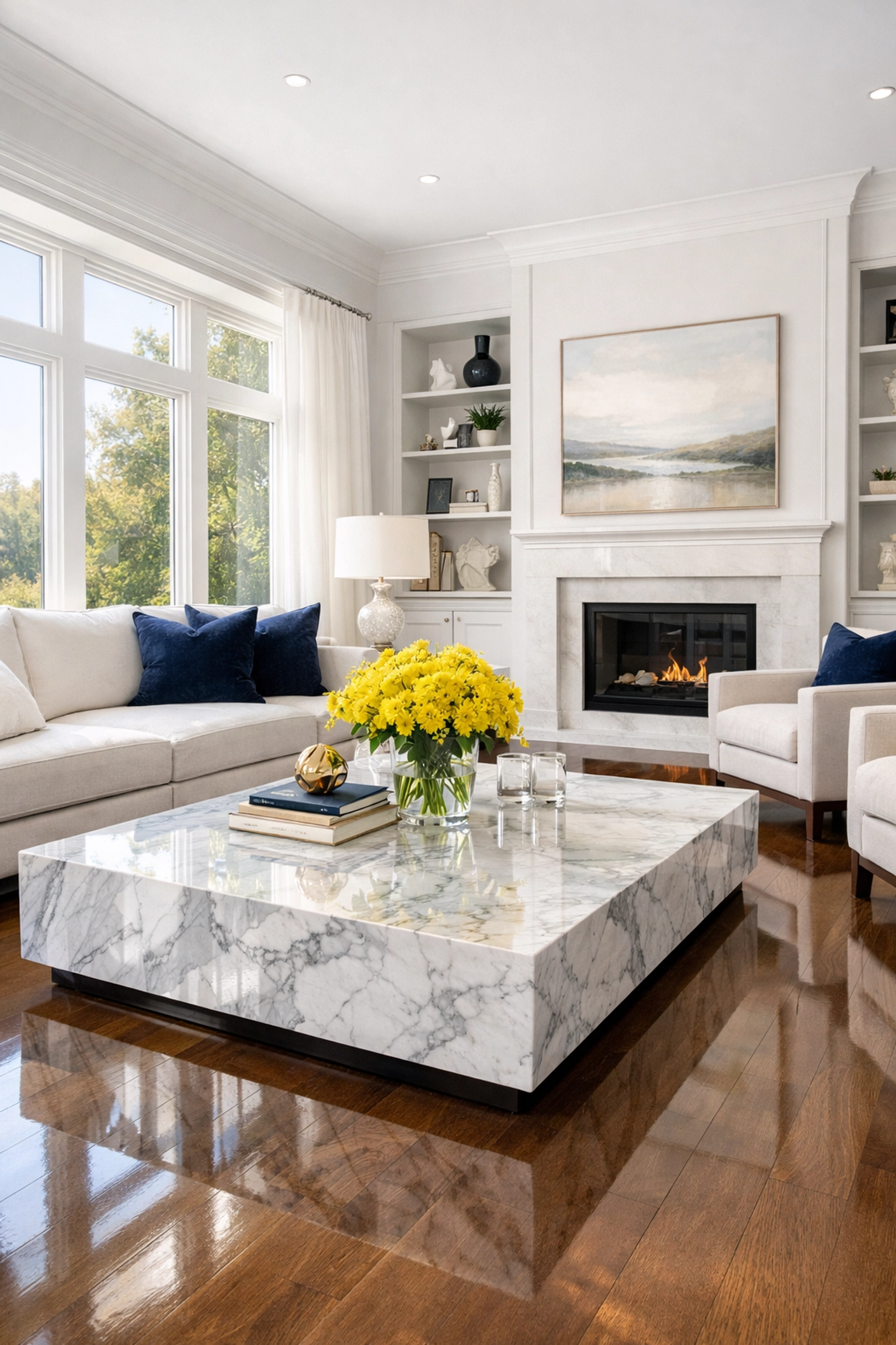 Spotless living room with polished floors showing the results of professional house cleaning in Fitchburg.