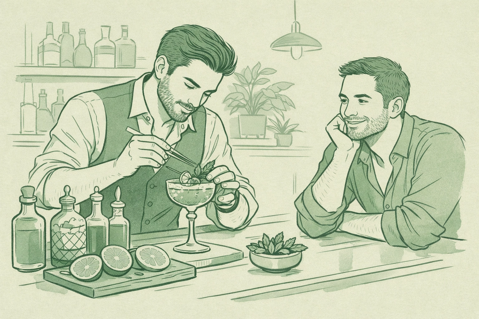 Modern craft cocktail bartender serving drinks in contemporary London LGBTQ+ bar