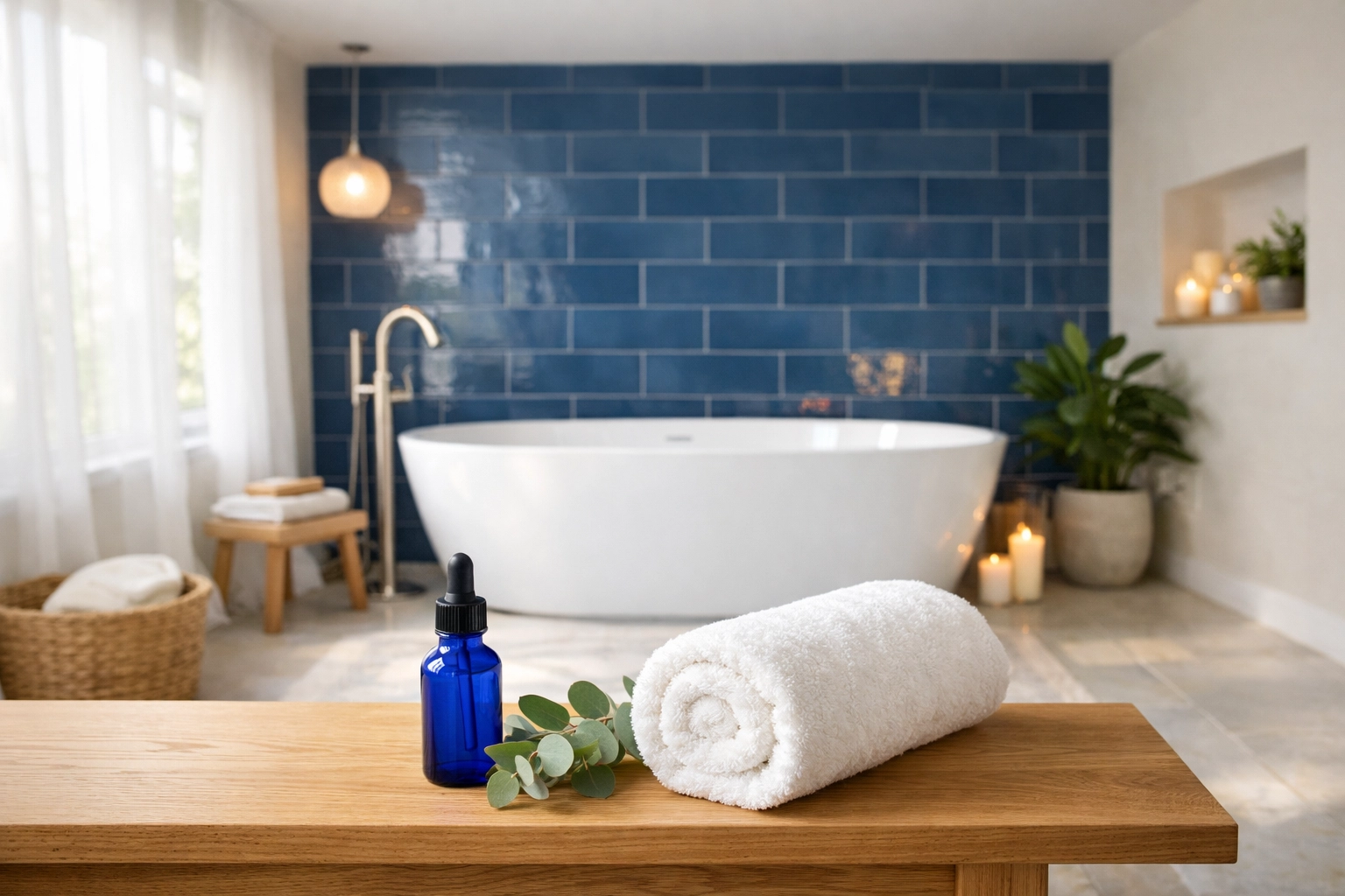 A spotless luxury spa bathroom with a white soaking tub cleaned using eco-friendly solutions.
