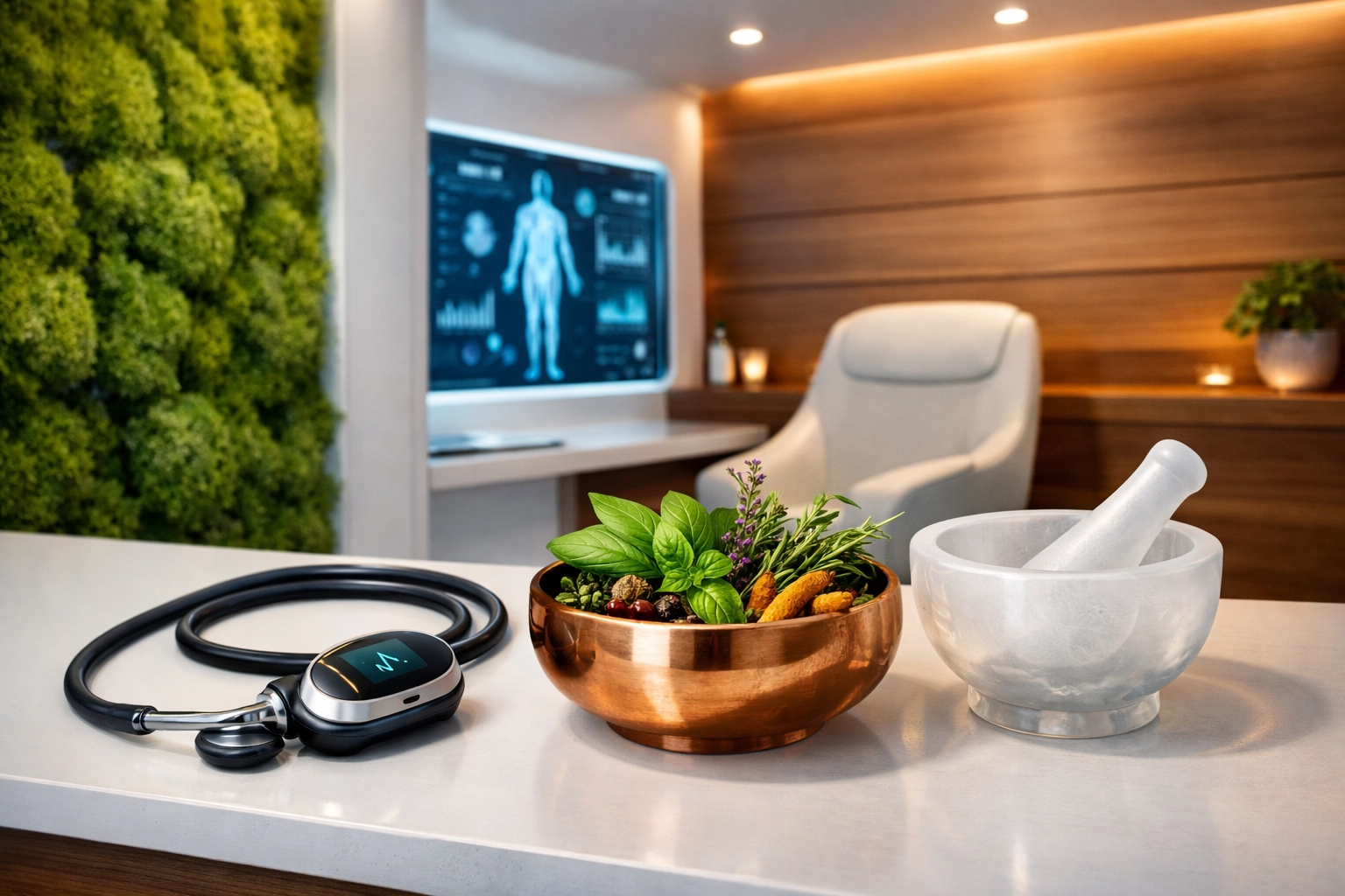 Modern wellness room showing the integration of medicine and natural home remedies.