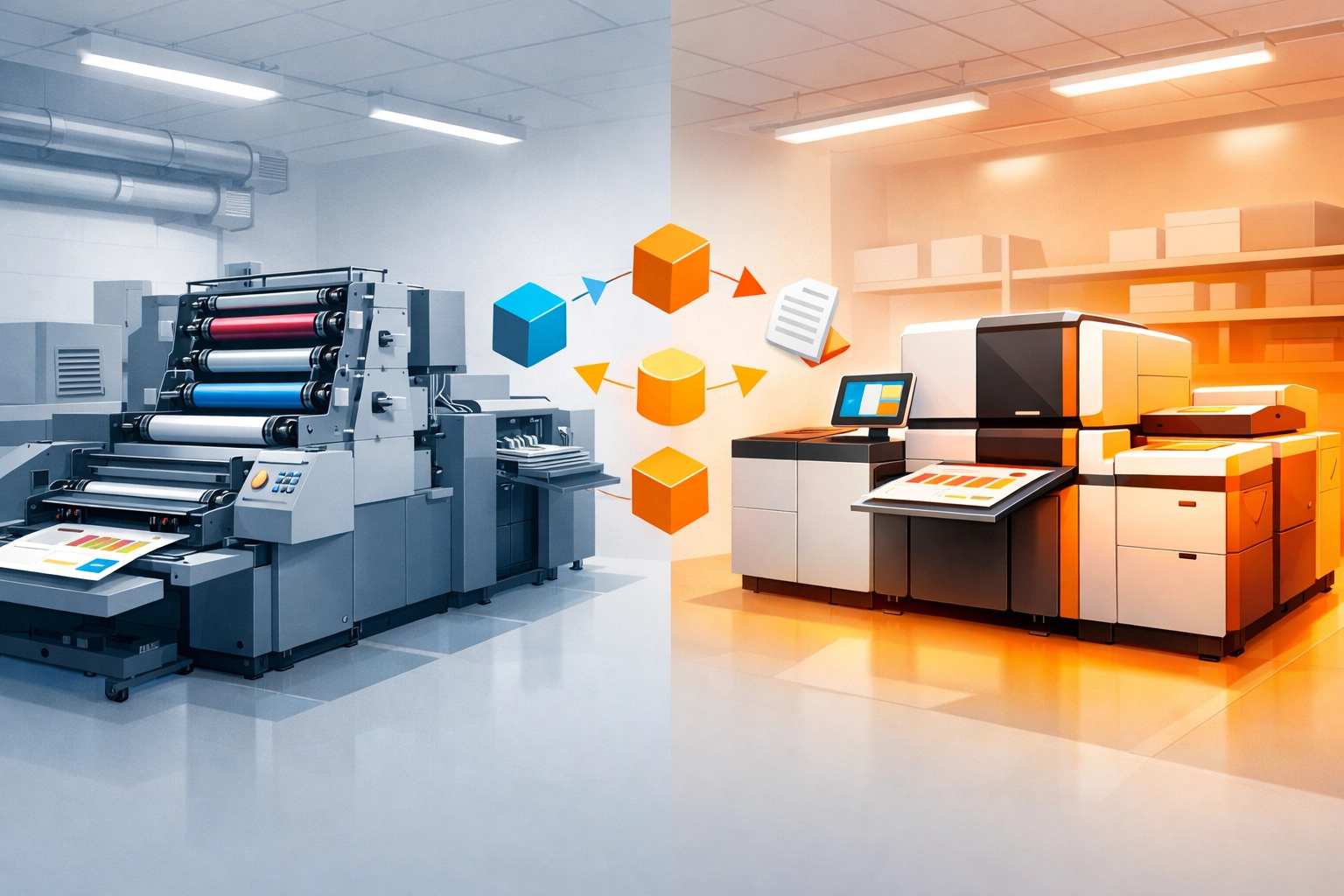 Traditional offset printing press compared to modern digital printing system in production facility