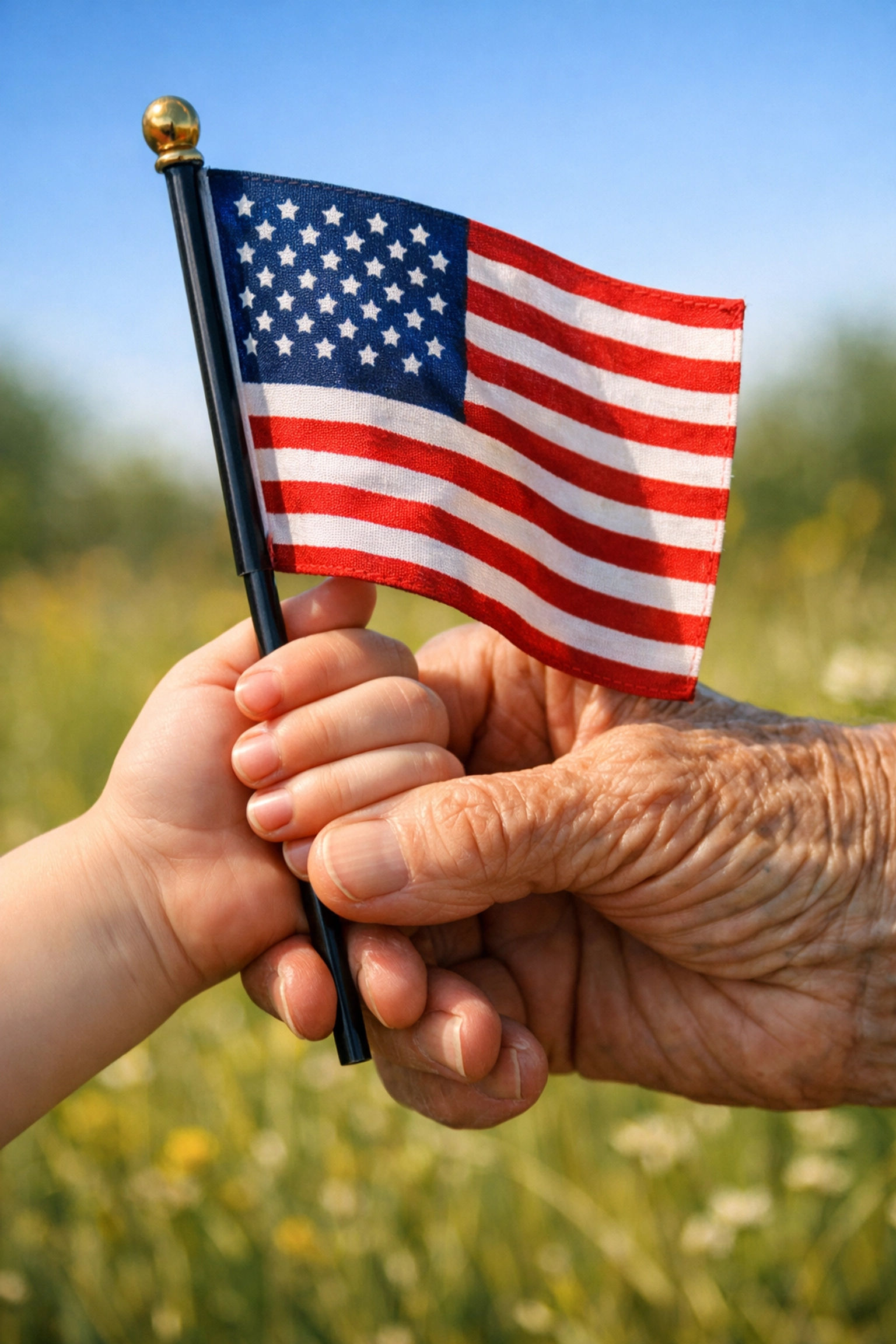 A child and senior holding an American flag to symbolize the passing of civic education and patriotic history.