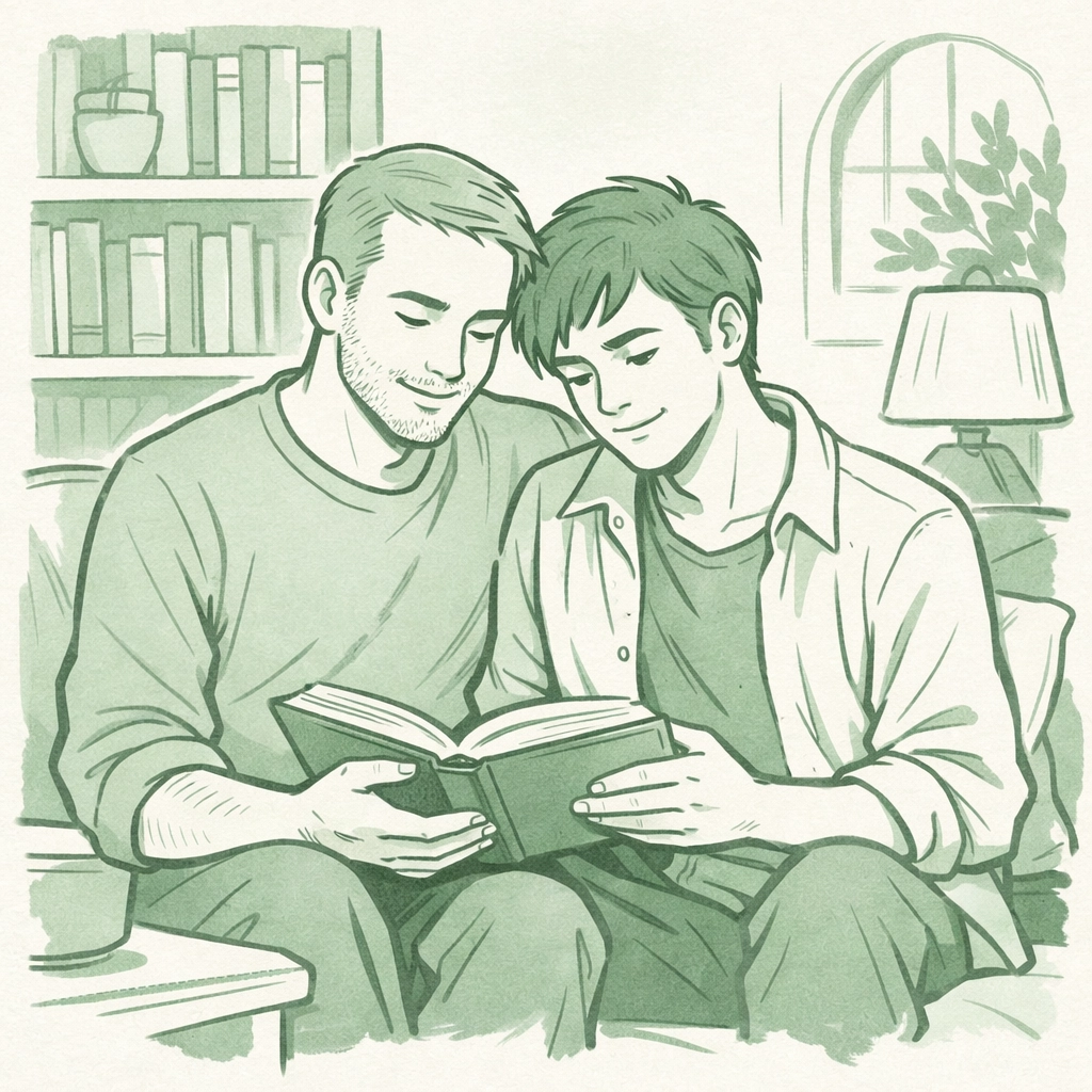 Two men reading an MM romance book together in a quiet, minimalist library.