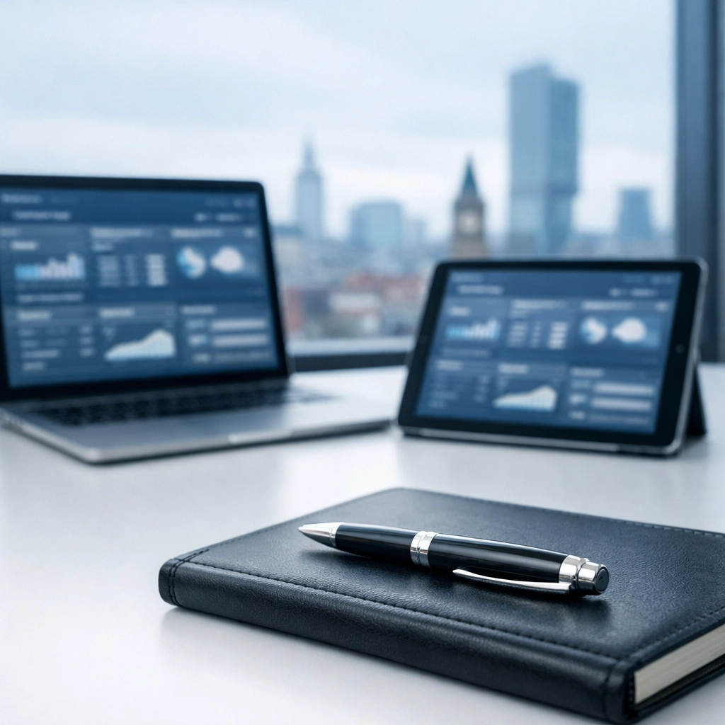 A Manchester customs clearance agent managing digital import declarations in a modern office.