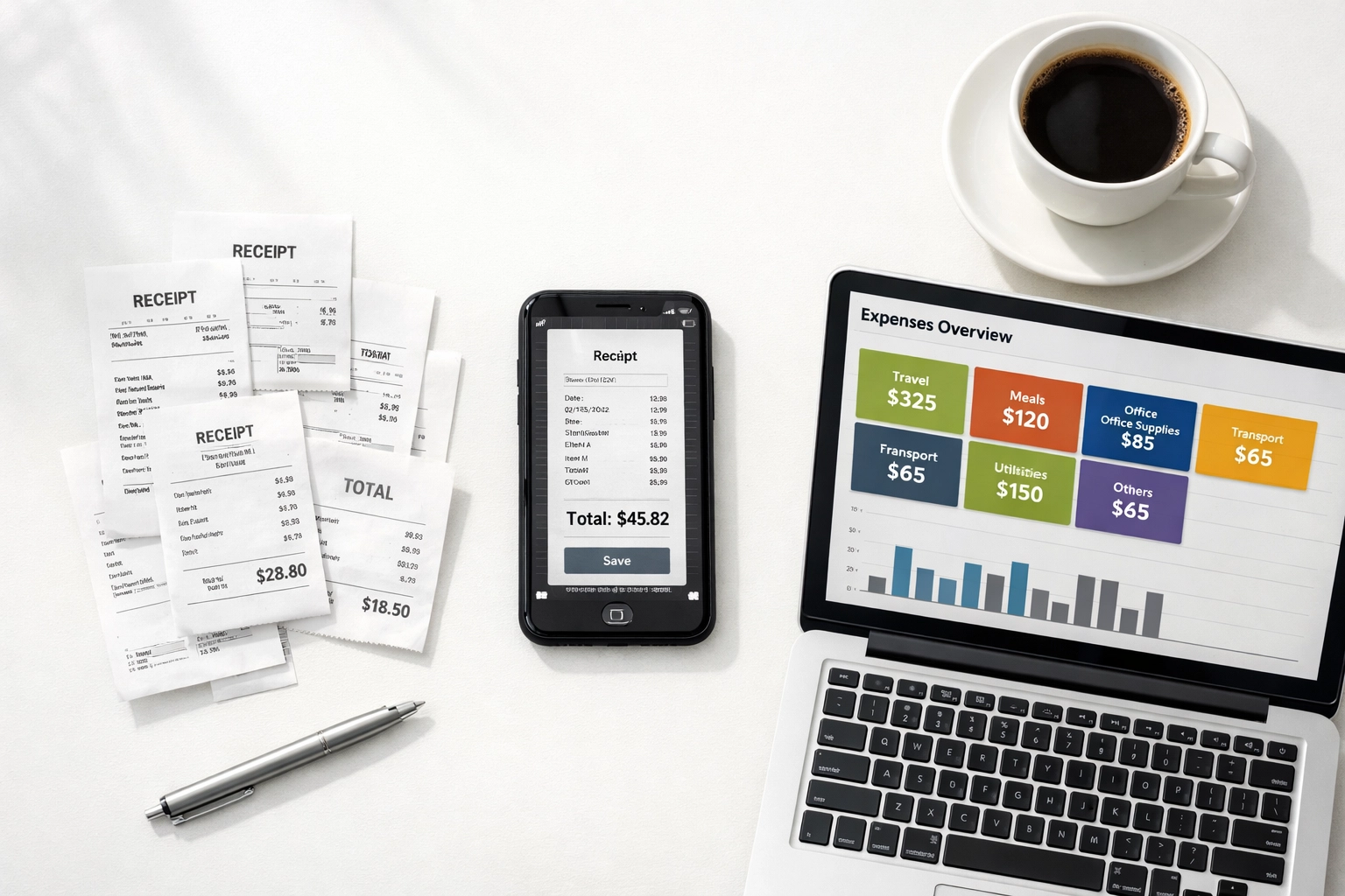 Self-employed workspace with receipt tracking app on smartphone and organized business receipts