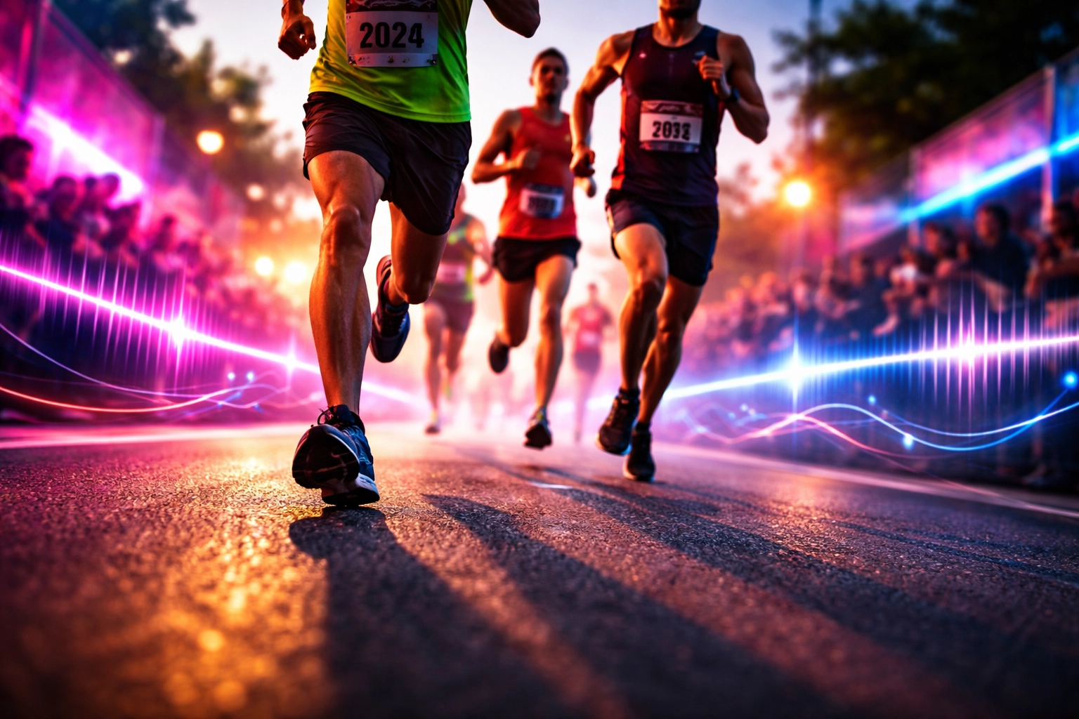 Runners sprinting in a vibrant 5K race, with energetic lighting effects and cheering crowds for high-energy finish line motivation.