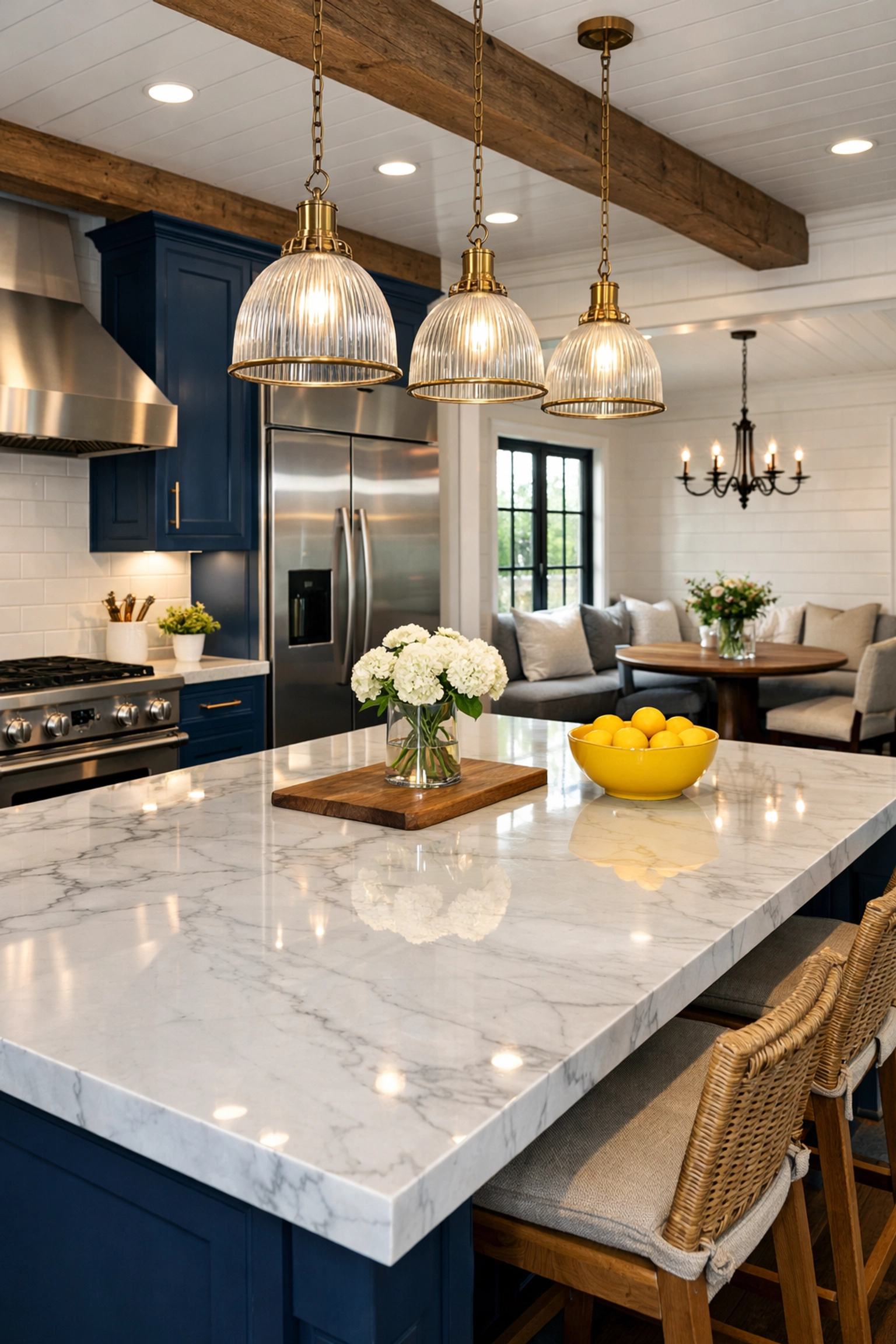 Clean luxury kitchen with marble island illustrating customized house cleaning Ashby MA plans for local homeowners.