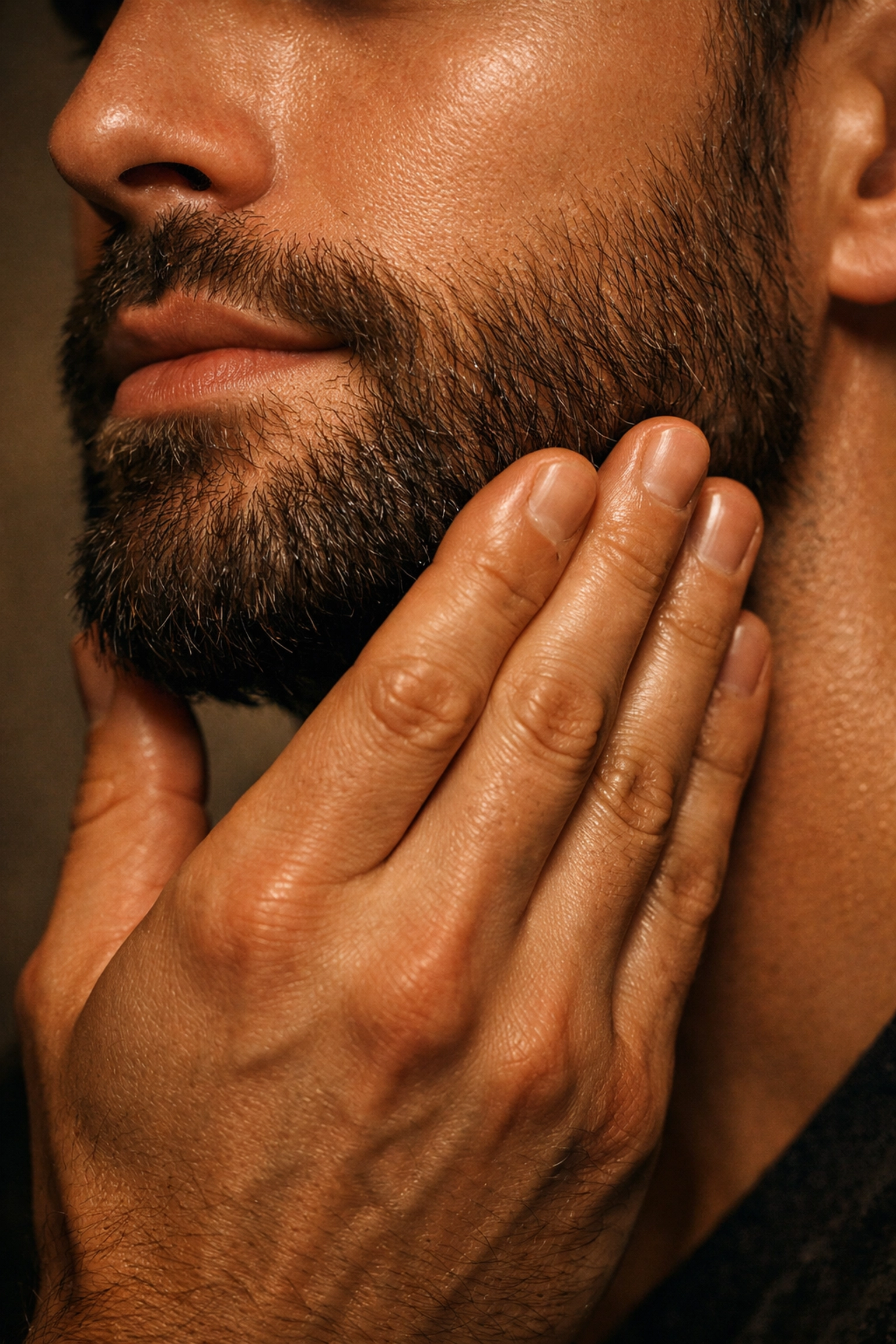 Close-up of a man massaging non-greasy broccoli seed beard oil into his skin to soothe irritation.