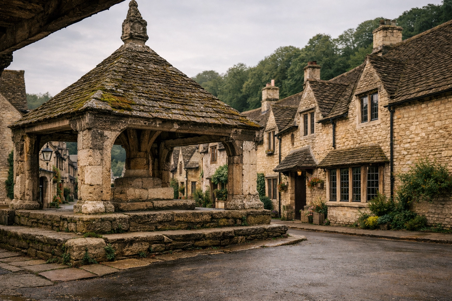 The medieval Market Cross and ancient stone weaver's cottages in the center of Castle Combe.