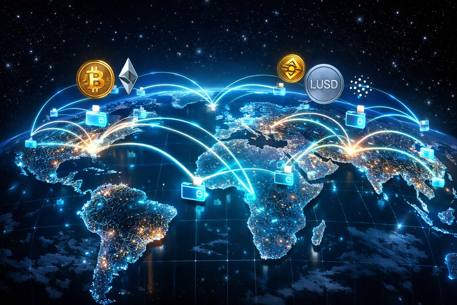 Global Web3 payment network map showing instant cross-border cryptocurrency transactions