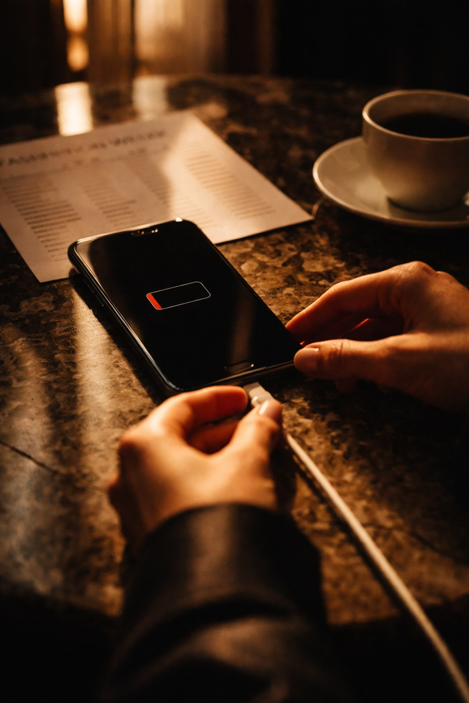Hands charging an iPhone with Fashion Week schedule in background, highlighting essential battery prep for event.