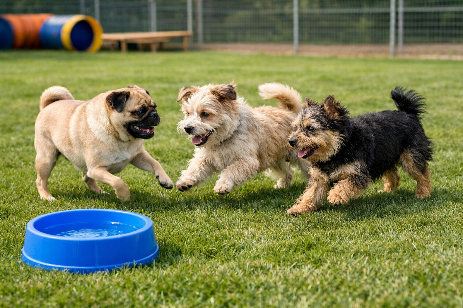 Small dogs playing in Boring, OR, demonstrating physical agility and hydration during a health check.