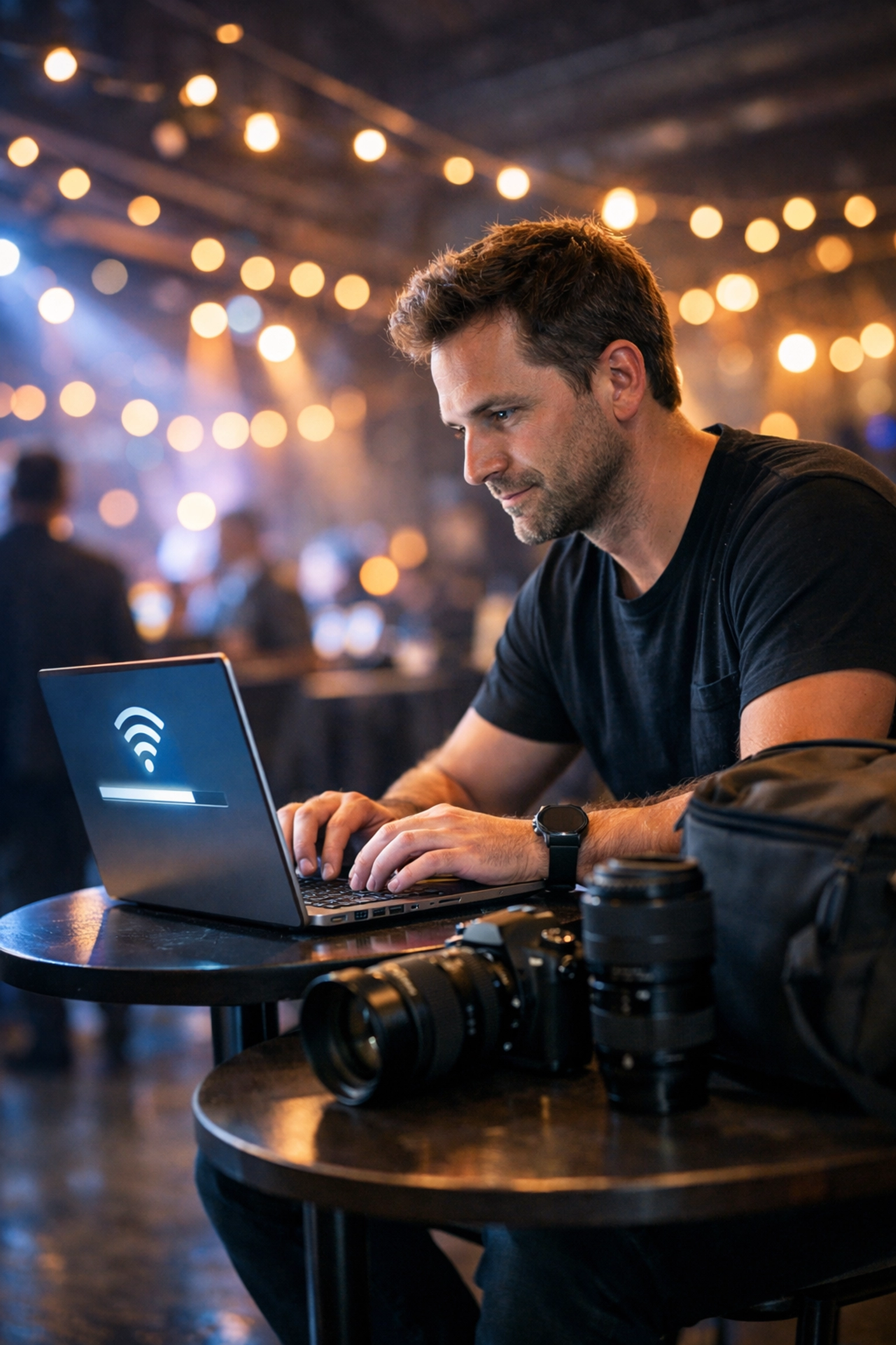 Event photographer uploading on location to quickly deliver high-quality photography to clients.