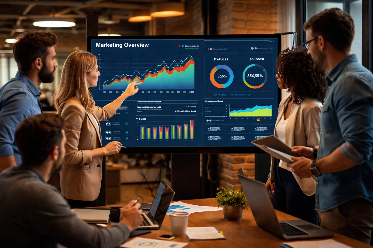 Marketing team analyzing partnership KPIs on a digital display, focusing on sponsorship ROI measurement