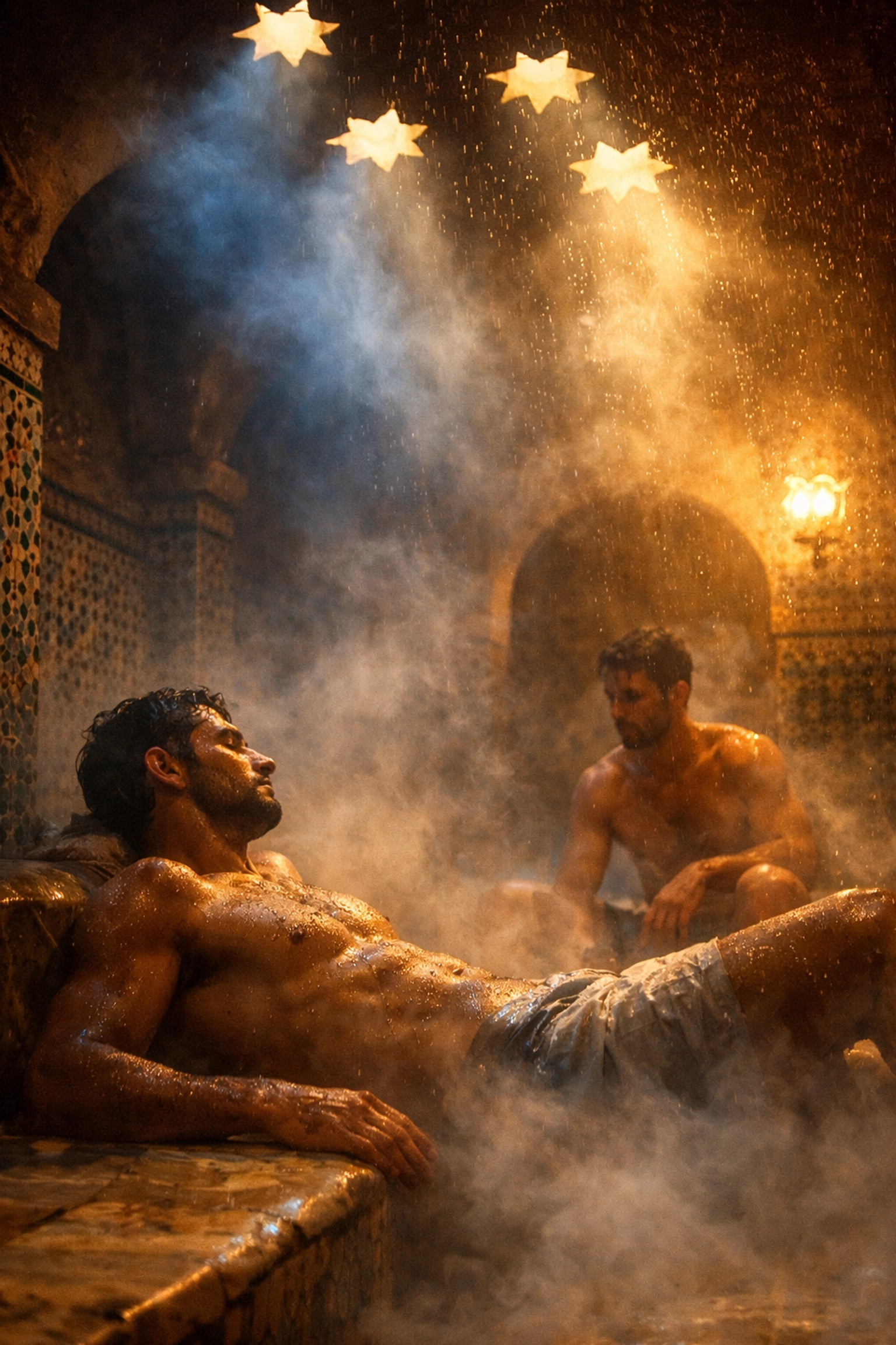 Romantic scene in Moroccan hammam featuring gay couple in steamy MM romance setting