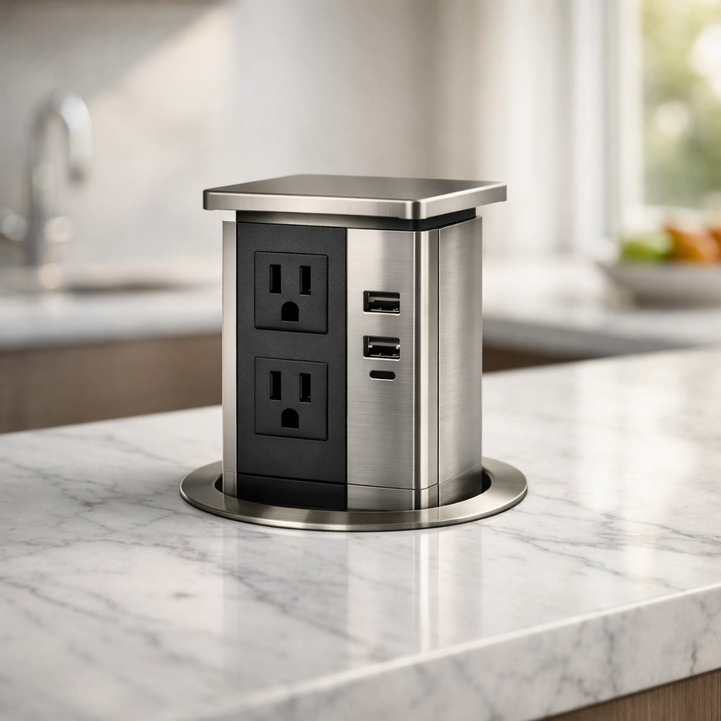 Modern pop-up electrical outlet on a marble kitchen island, perfect for kitchen remodeling electrical in Scottsdale.