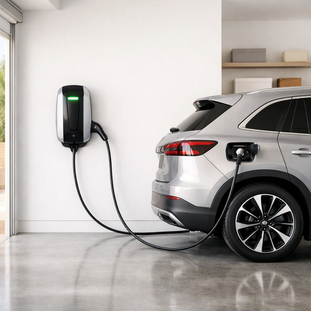 Home EV charging station installed in a minimalist Scottsdale garage for sustainable energy-efficient living.