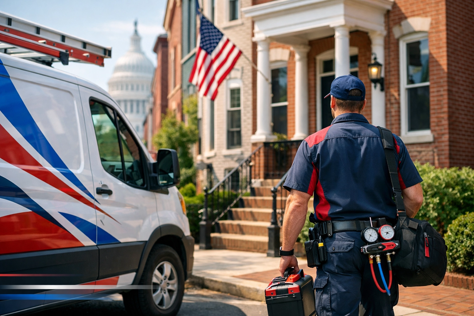 HVAC service truck and technician arriving at historic DC row house for local service call