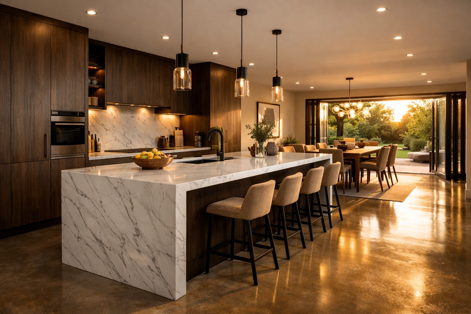Modern open-plan kitchen renovation in Arundel featuring a large marble island and natural light.