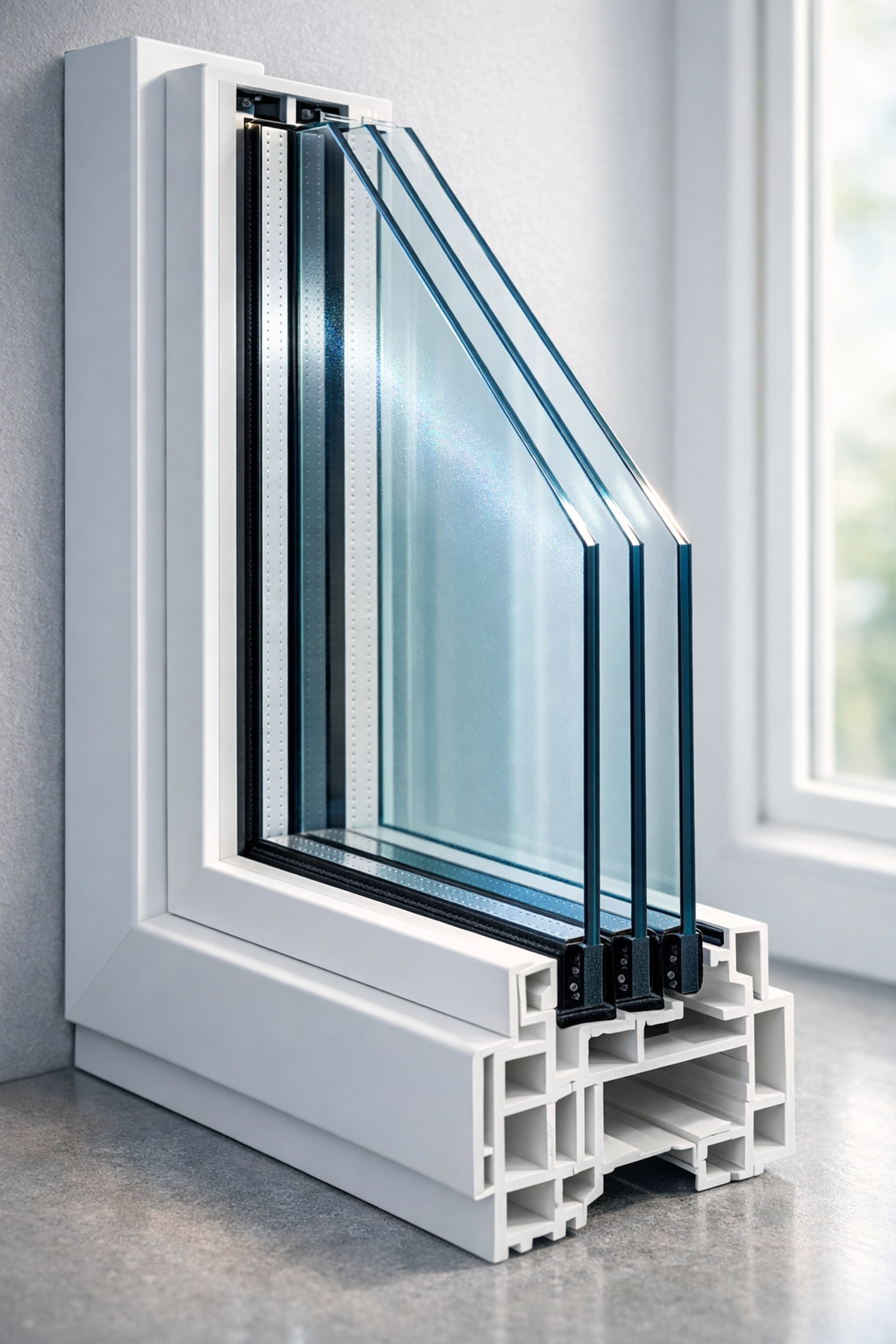 Triple-pane energy-efficient window showing insulating glass layers and argon gas fill technology